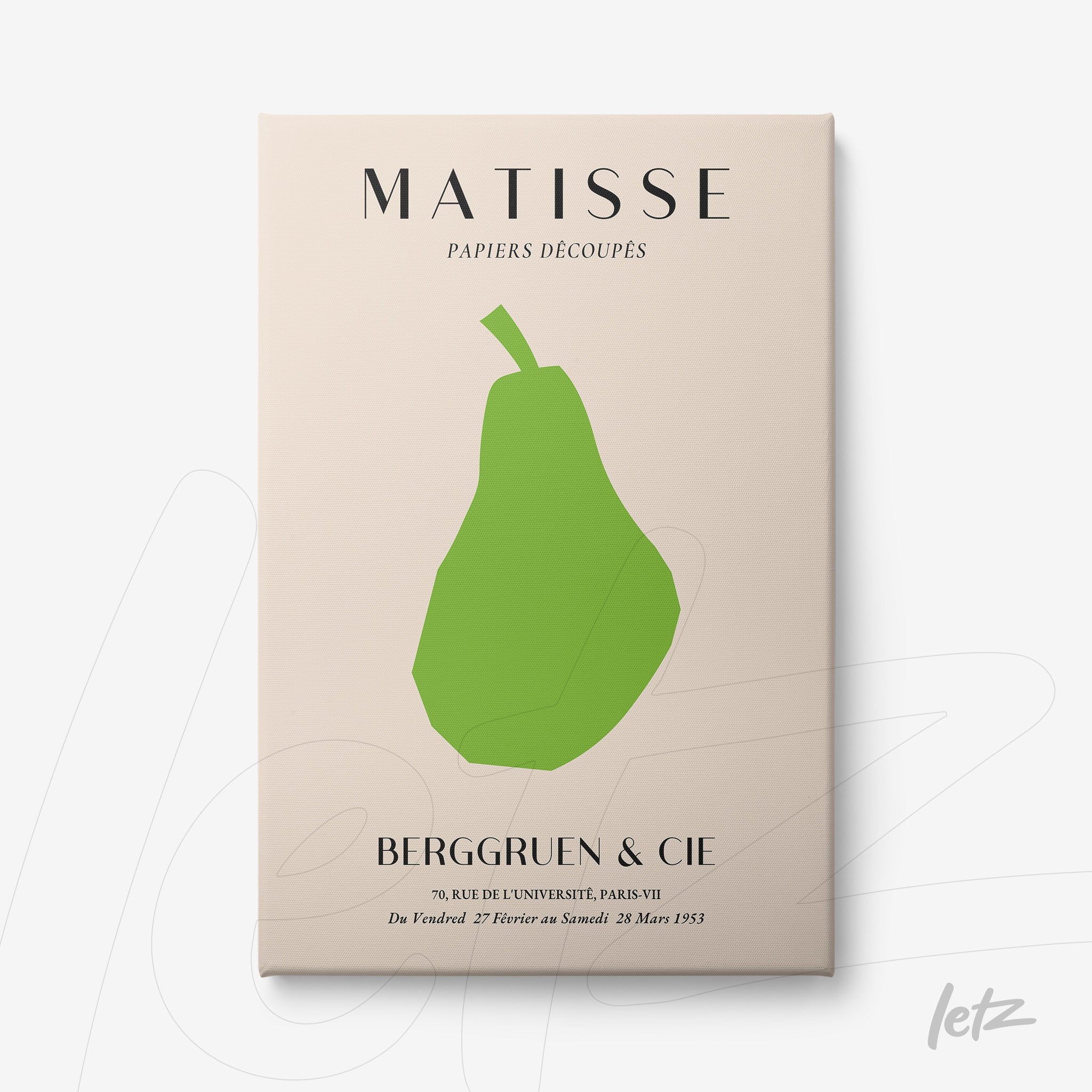 modern art print featuring a green pear shape on nude background with typography referencing Matisse