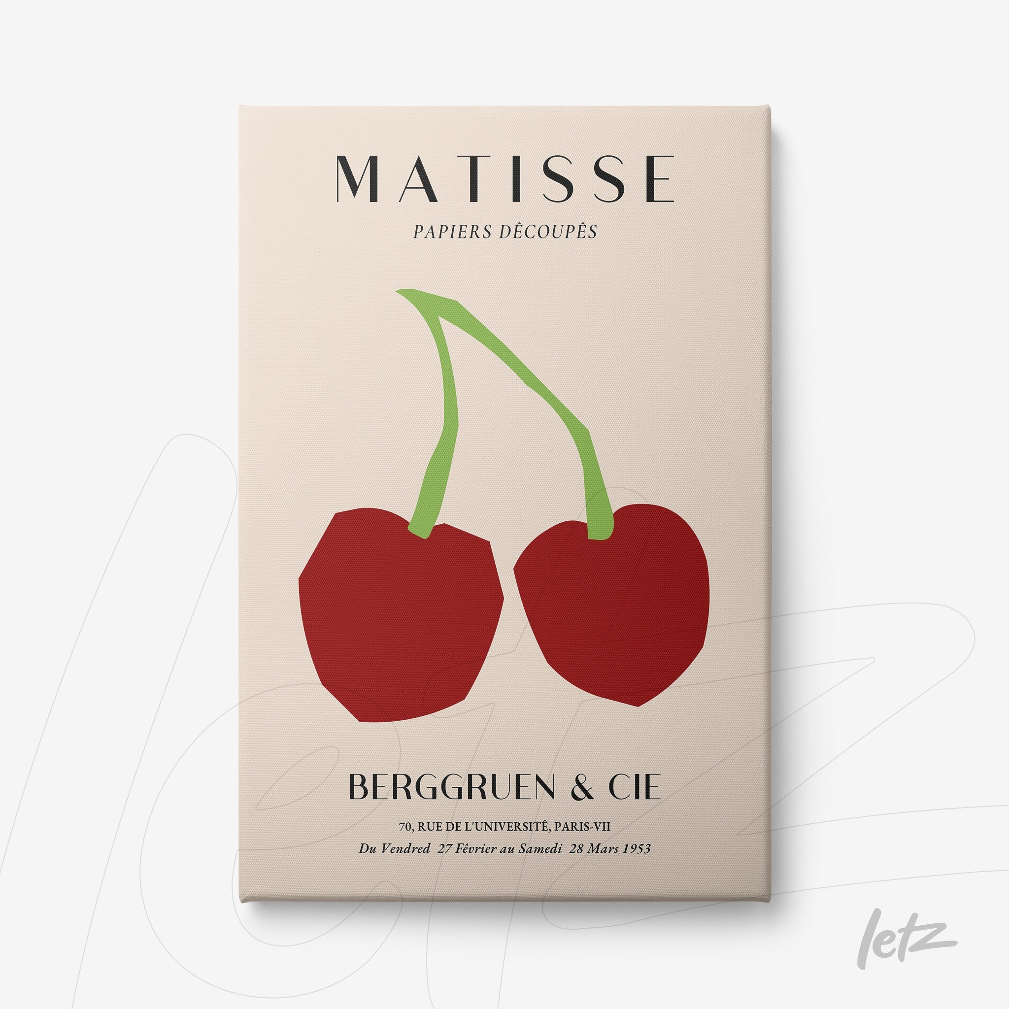 framed modern art featuring red cherries on a cream background with white frame