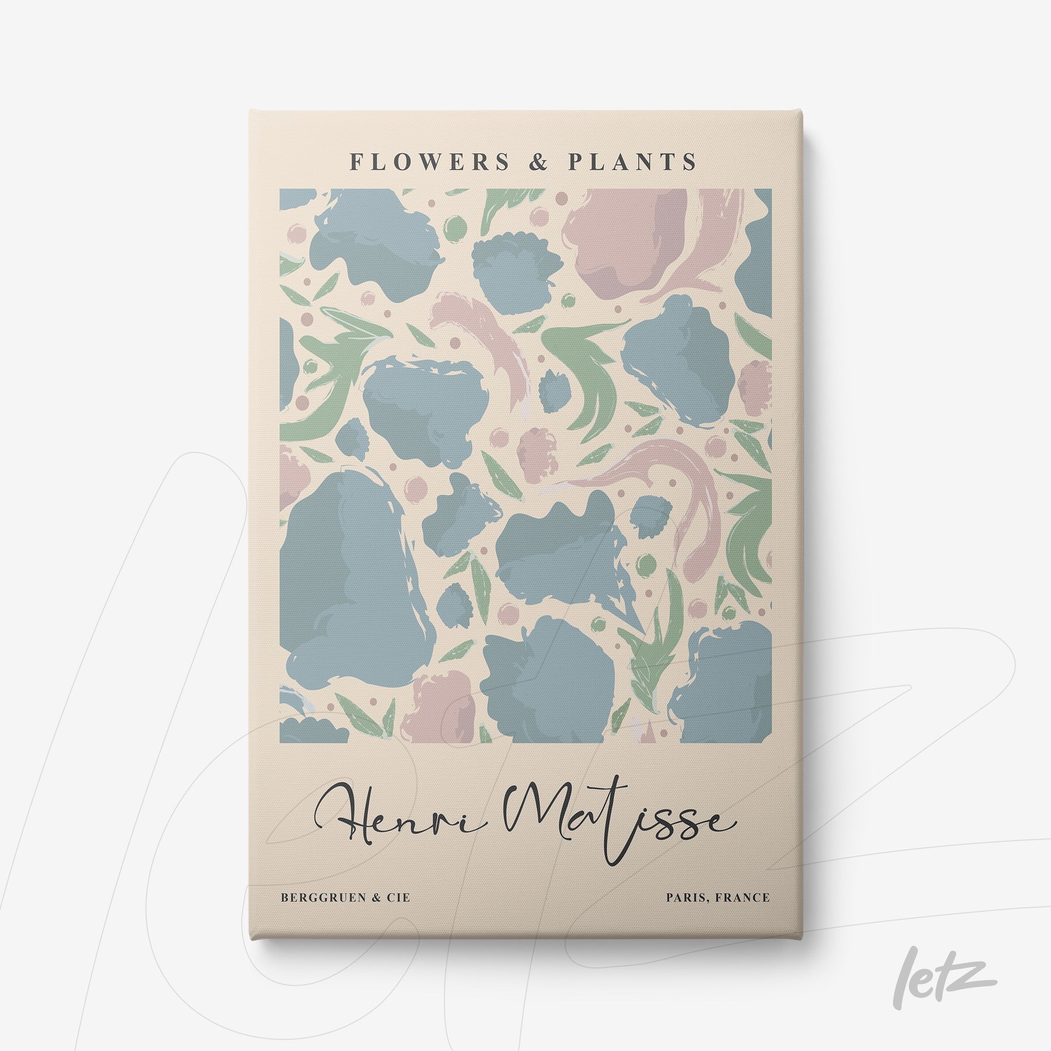 framed artwork featuring floral design in pastel colors with abstract details on a light background