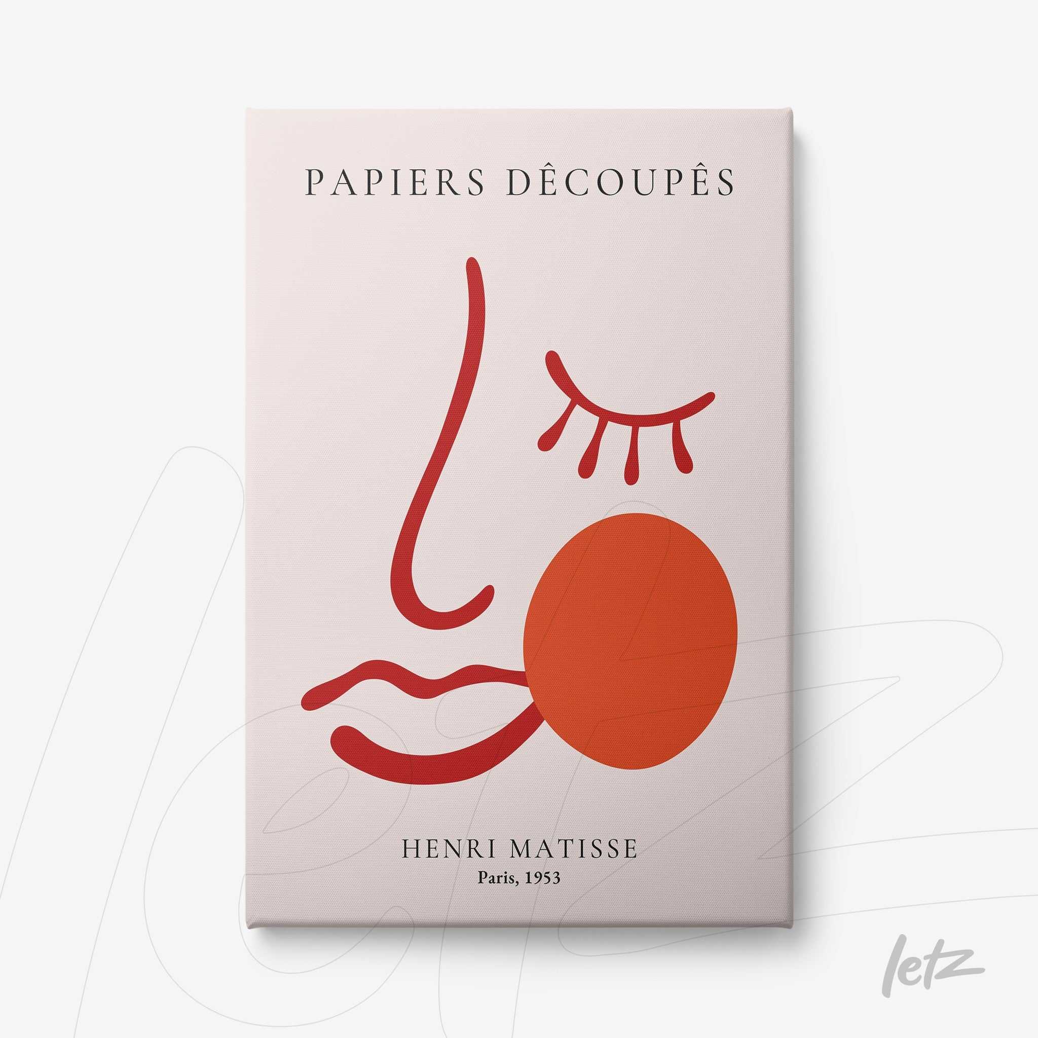 framed modern art print of a minimalist face design on light pink background with red and orange lines, featuring bold text at the top and bottom