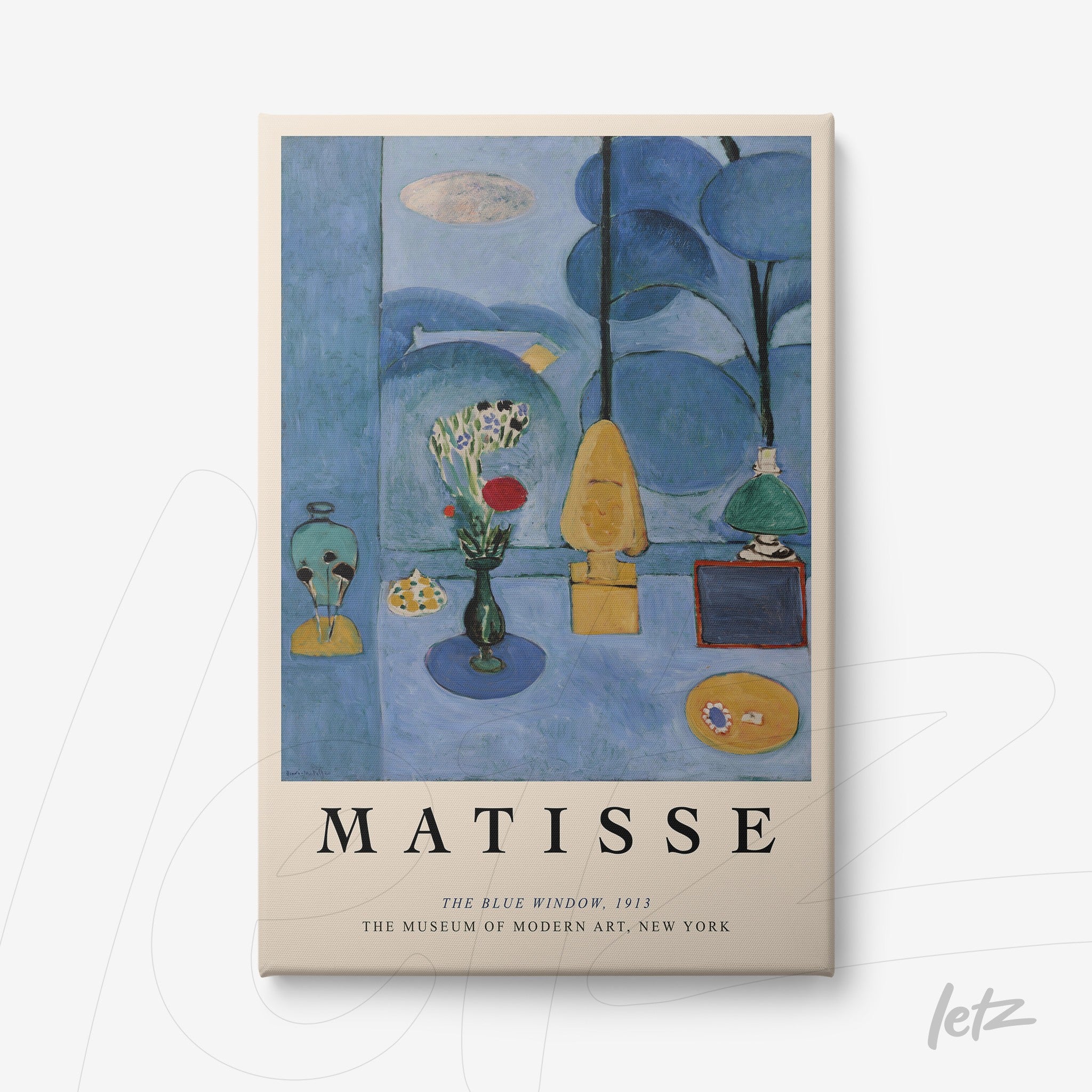 poster featuring art by Matisse depicting a blue window with geometric shapes in cool and warm tones