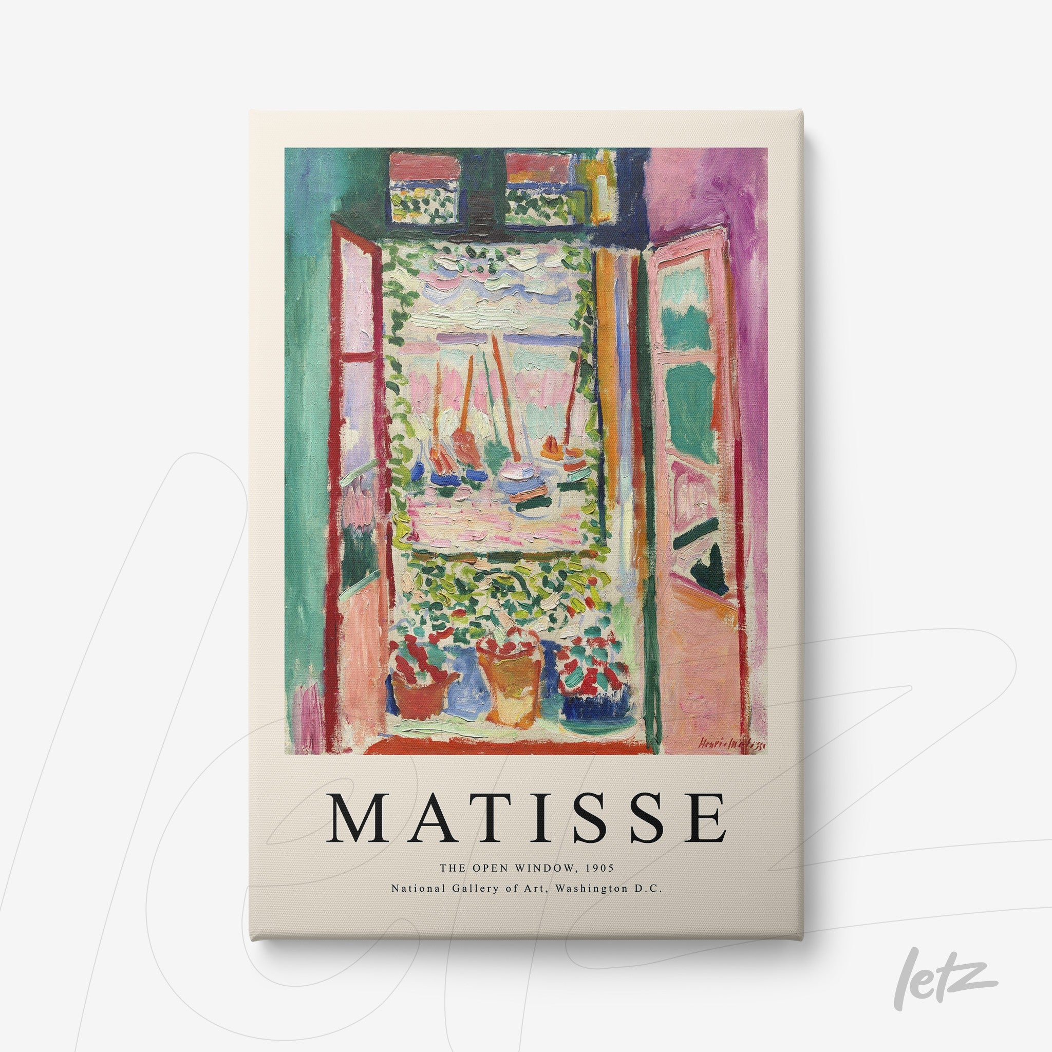 framed art of henri matisse depicting an open window with a view of a garden, vibrant colors and white frame