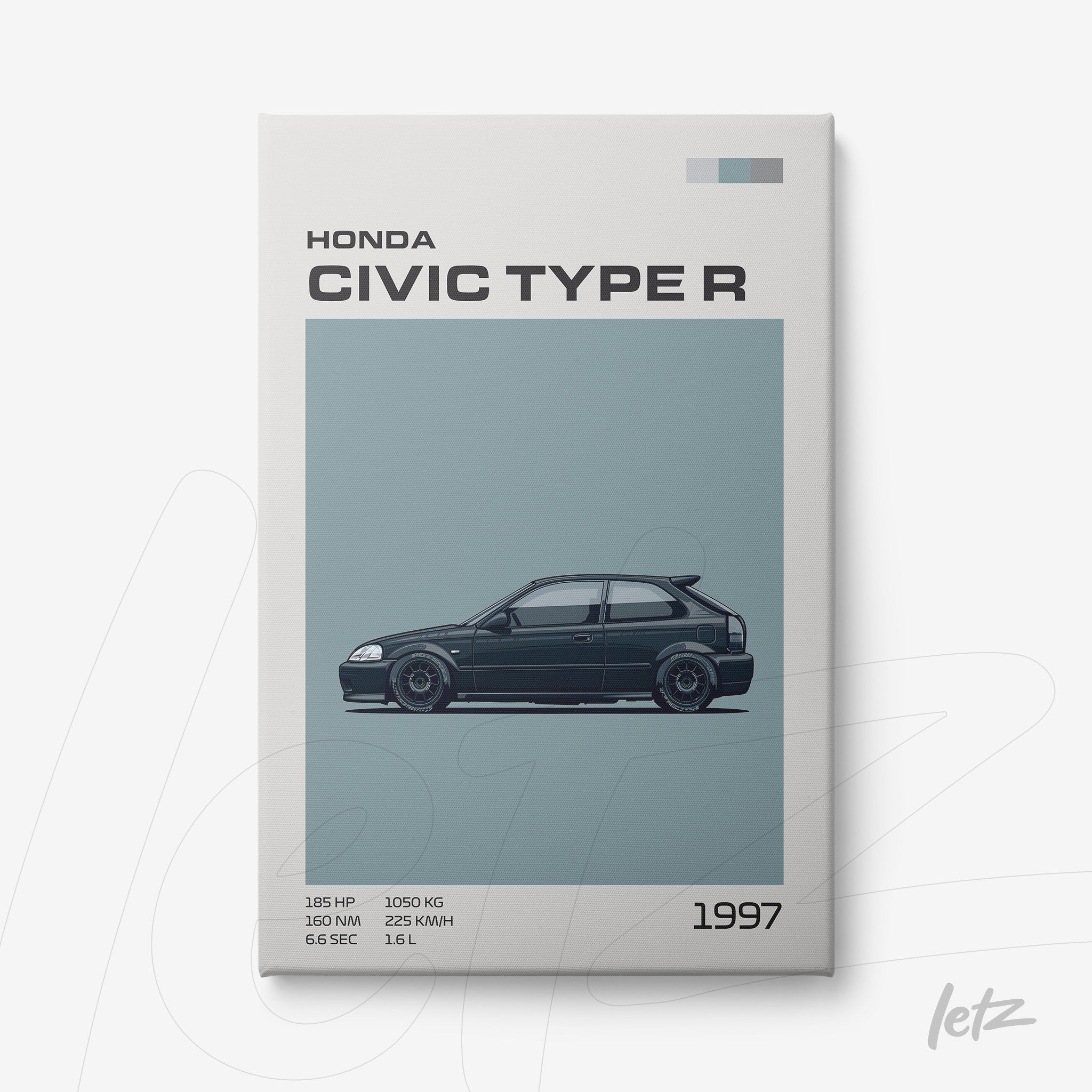 framed artwork featuring the 1997 Honda Civic Type R illustration on light blue background