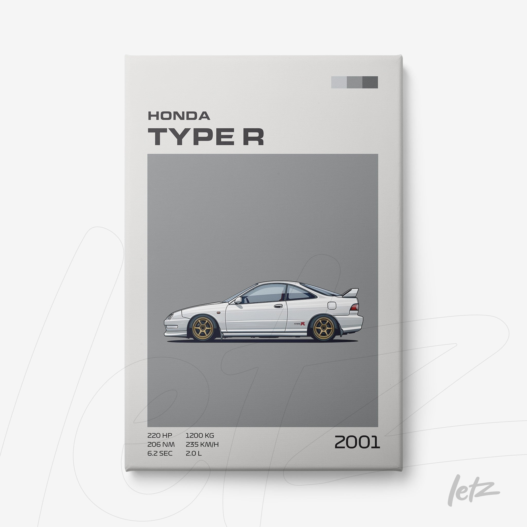 framed artwork of a 2001 Honda Type R car illustration on light gray background with white frame
