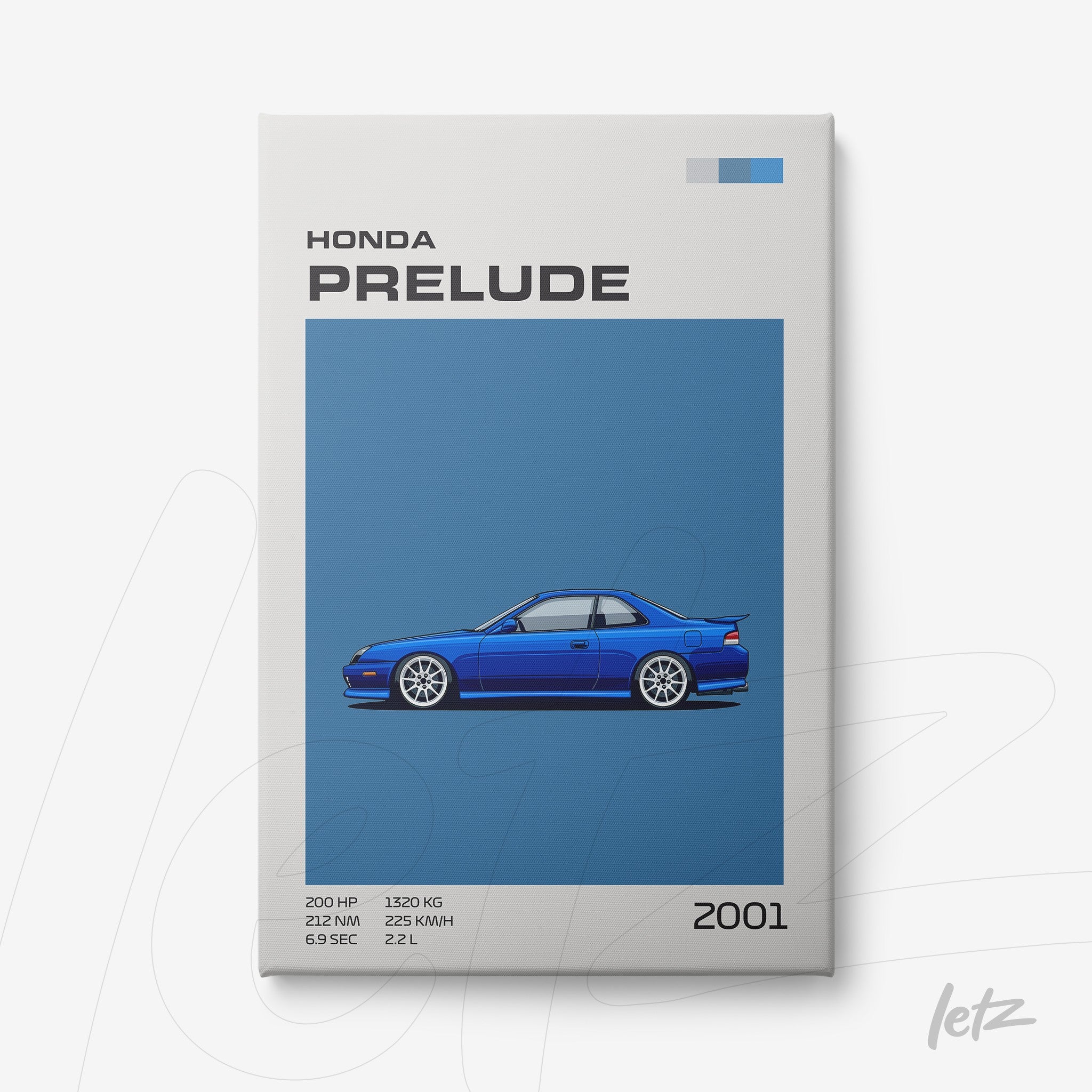 digital art print of a 2001 Honda Prelude in blue on a blue background featuring black and white details