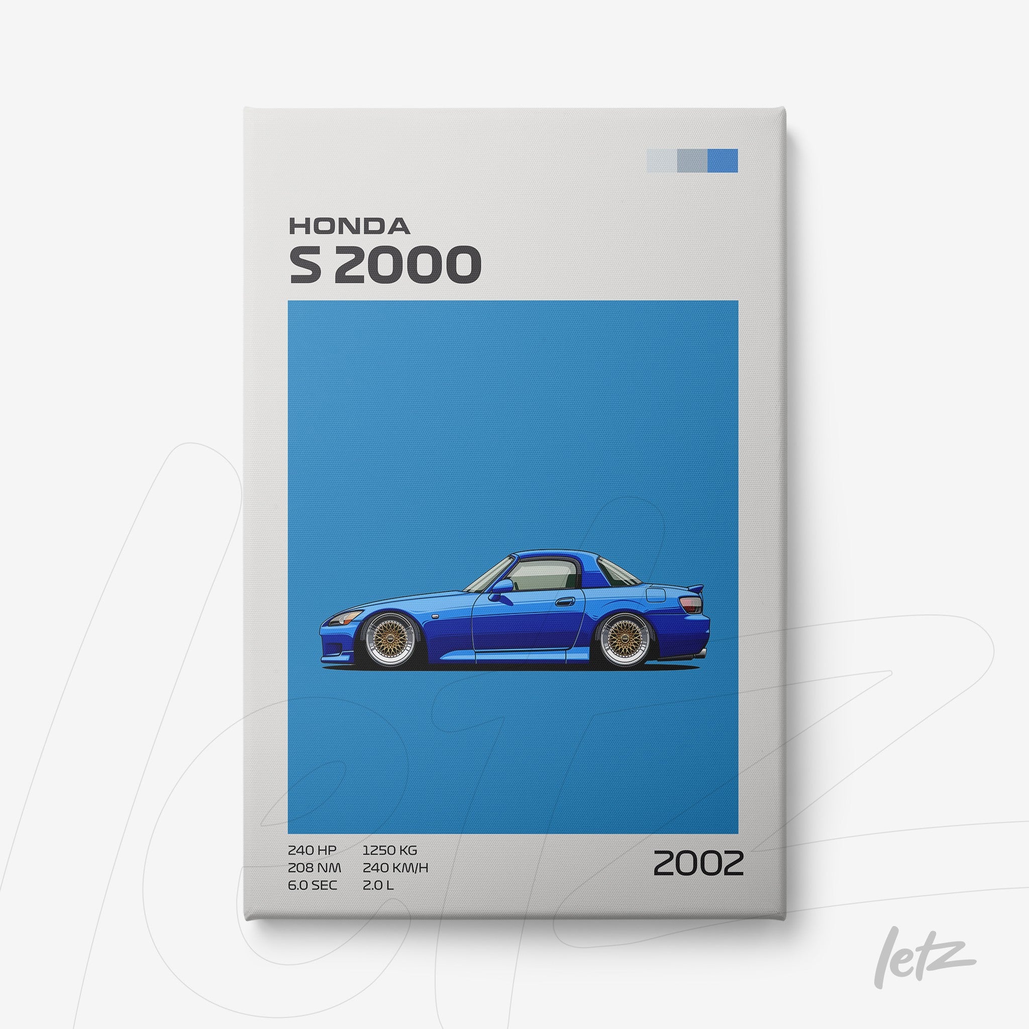 canvas print featuring an illustration of Honda S2000 car on blue background