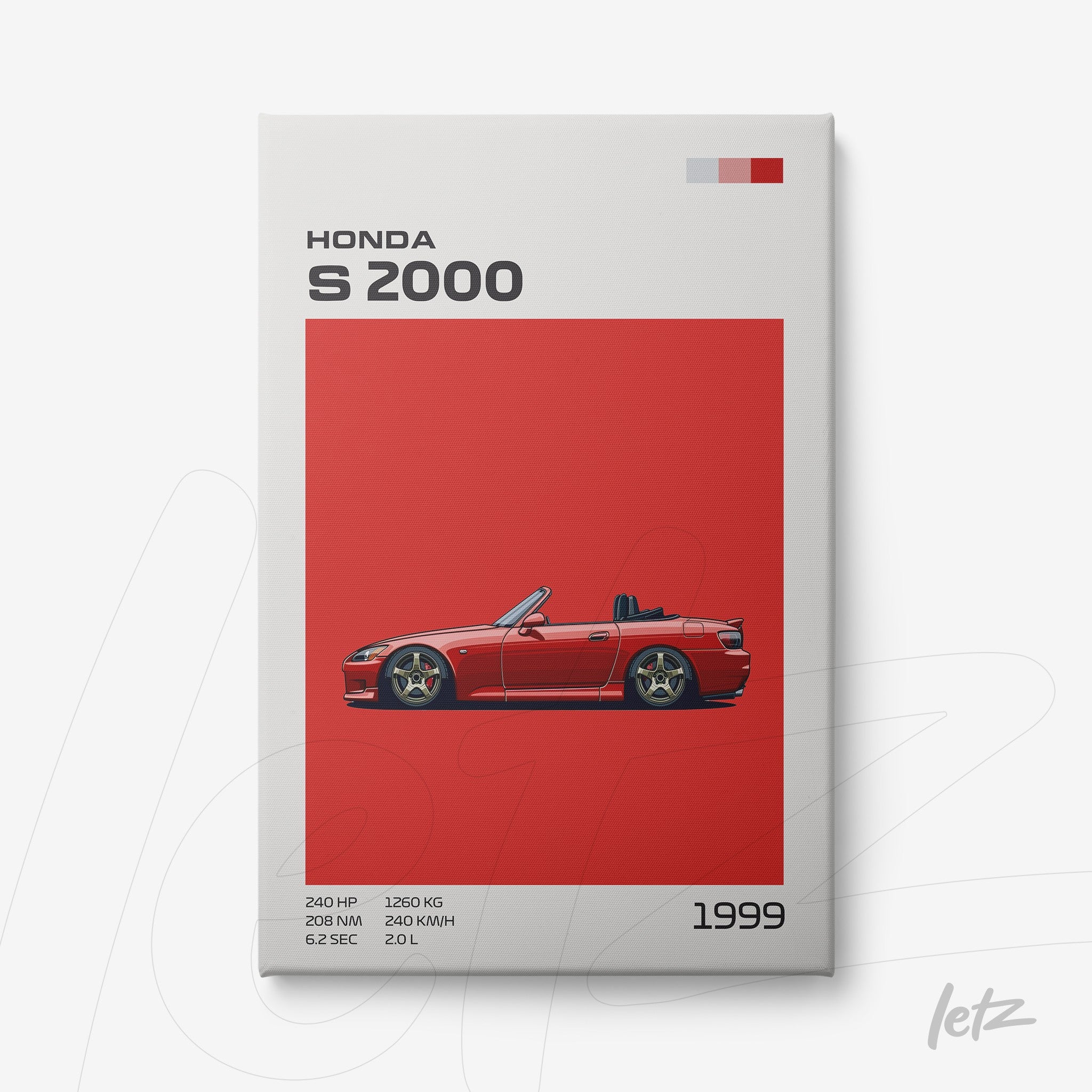 canvas artwork featuring a Honda S2000 car illustration against a red background with white details and technical specifications graphics