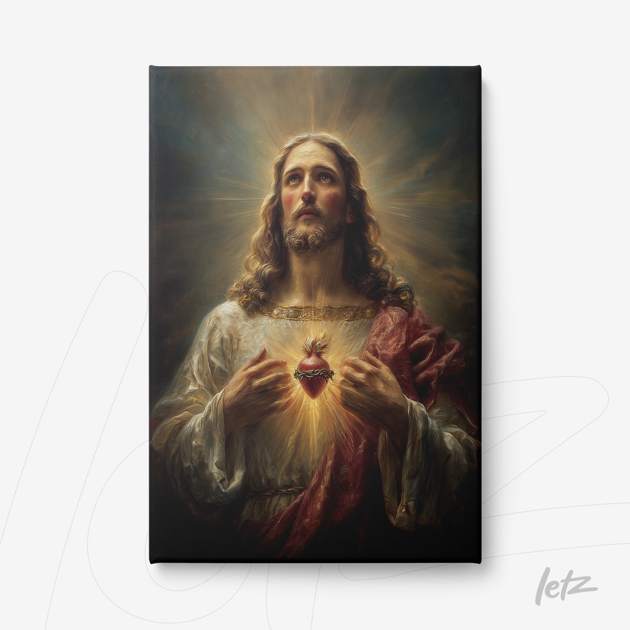 canvas art depicting sacred image of jesus christ with radiant heart against a dramatic background