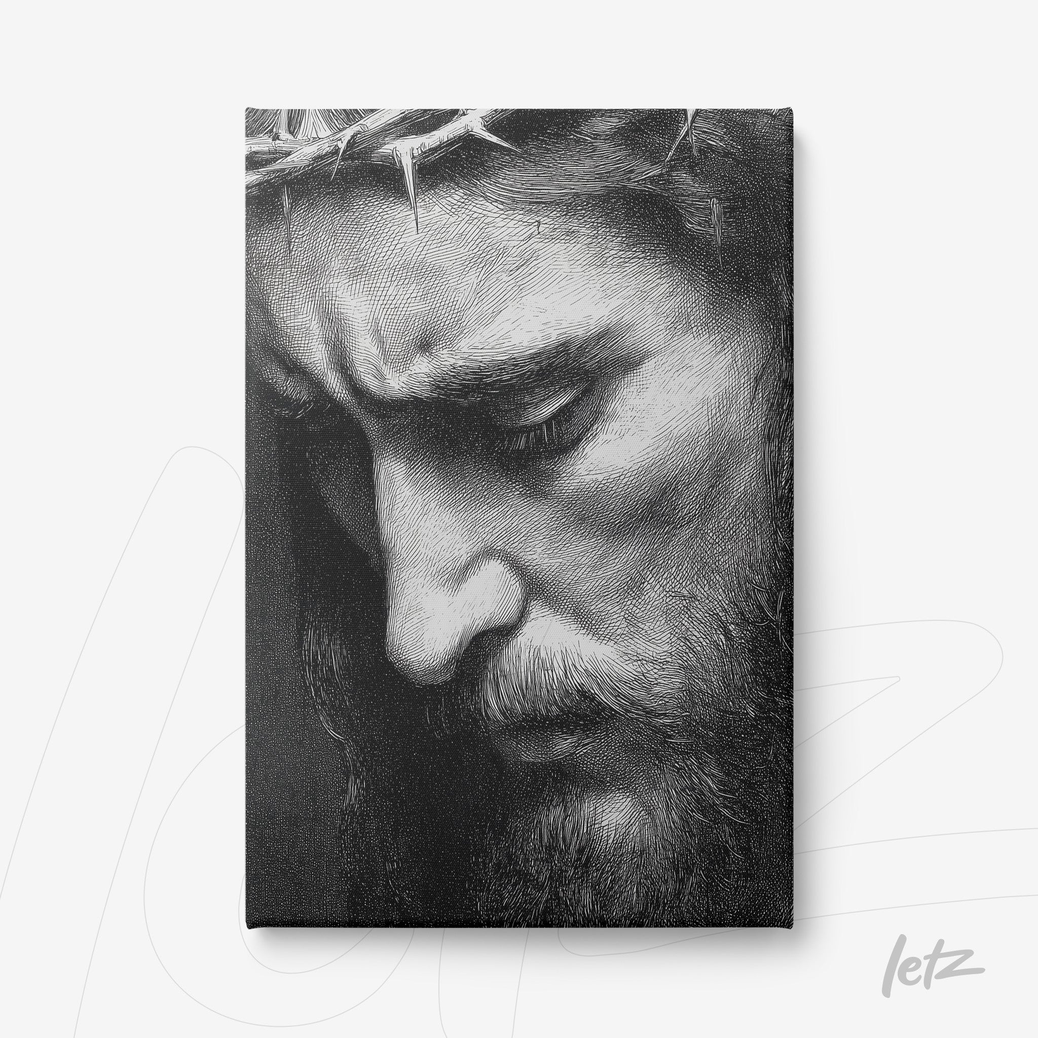 canvas art depicting a somber man with a crown of thorns in black and white
