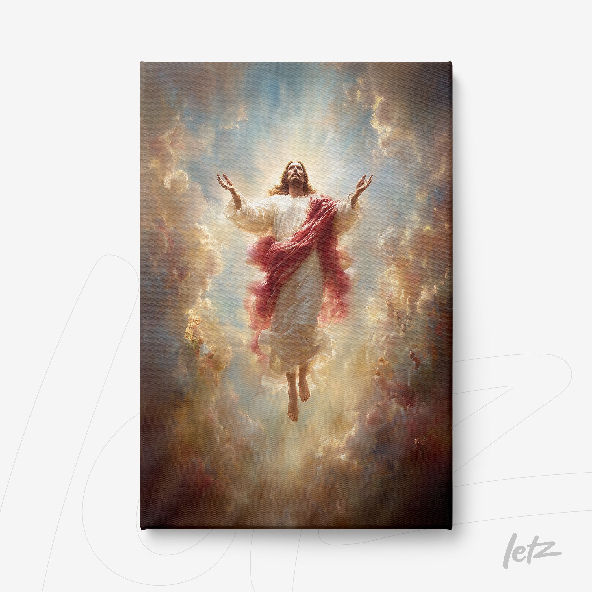 canvas artwork of Jesus ascending surrounded by dramatic clouds and celestial light
