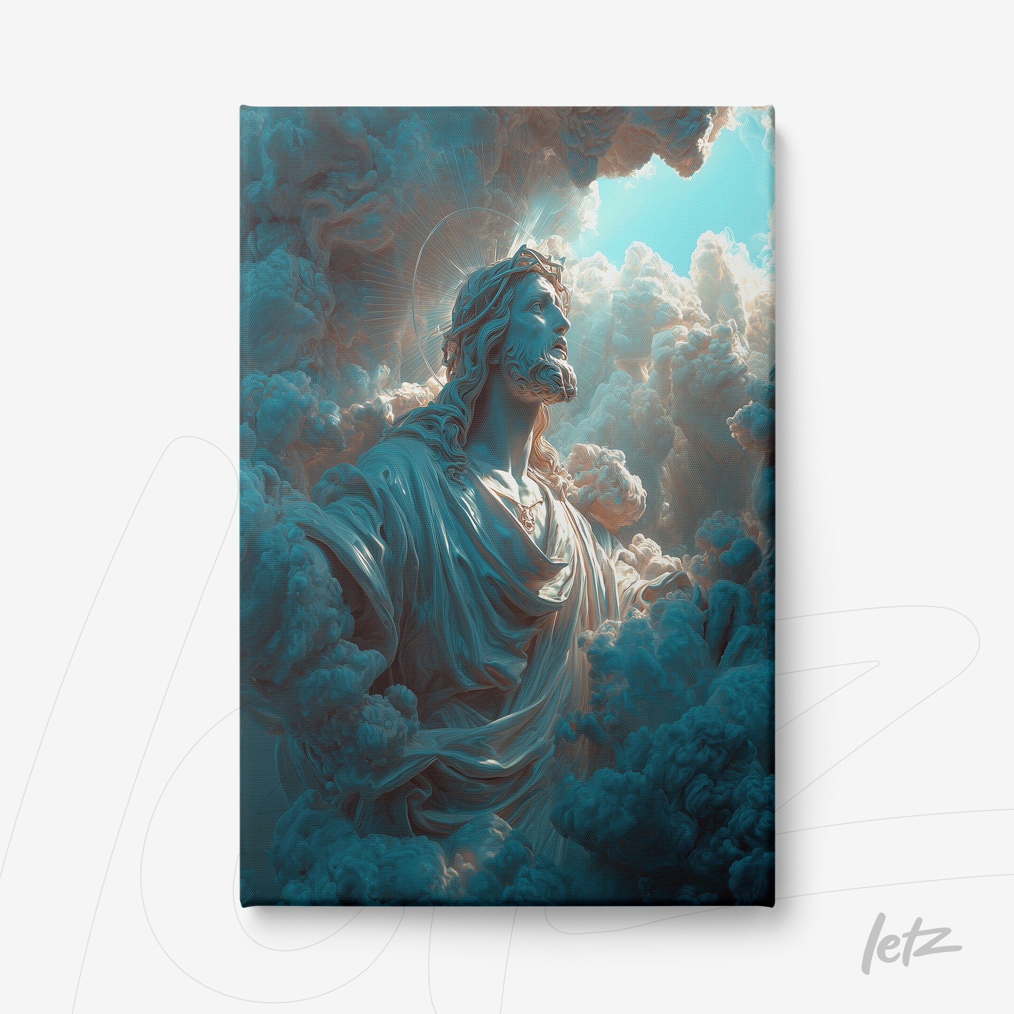 canvas print featuring a religious artwork of a divine figure emerging from fluffy clouds in shades of blue and white