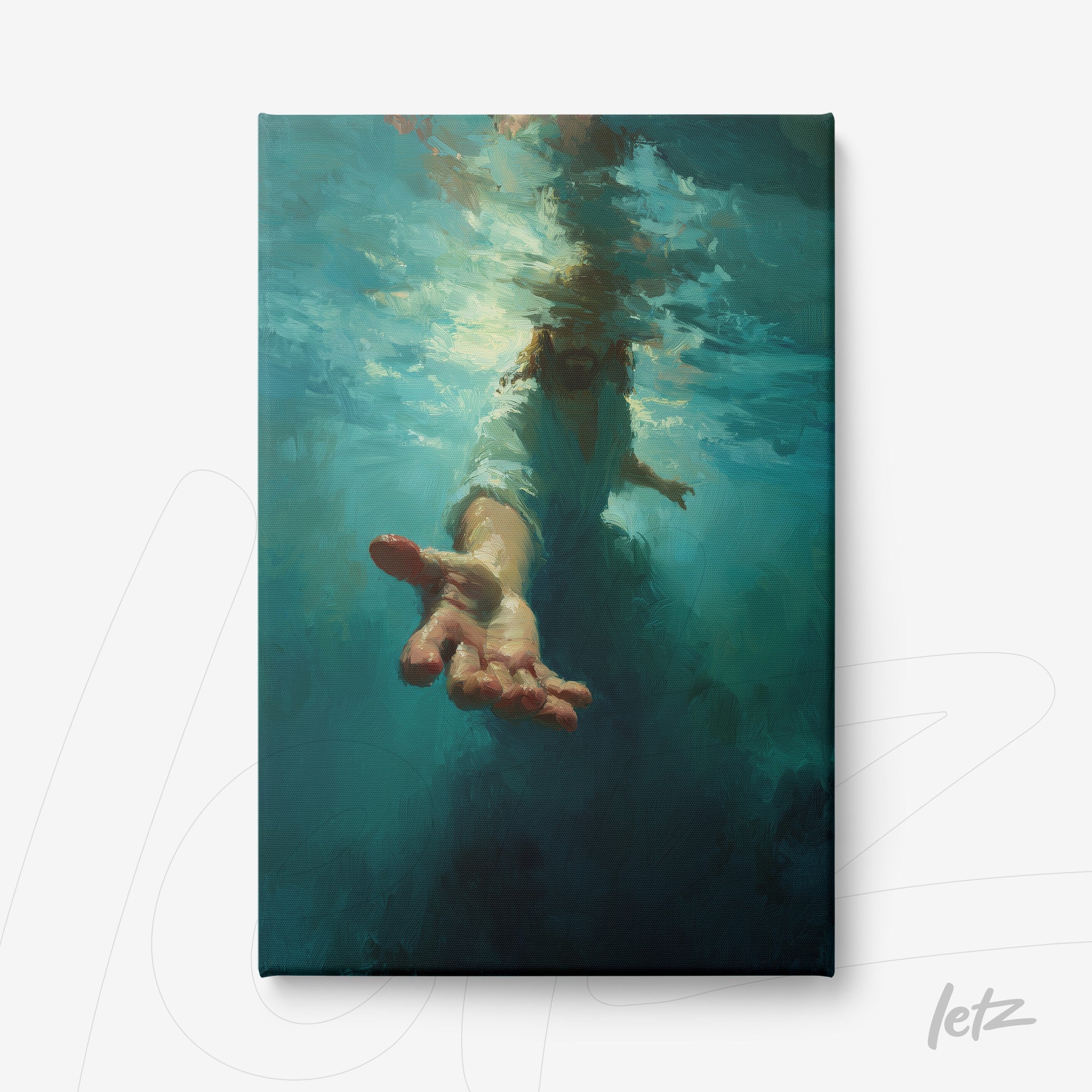 canvas artwork of a human figure underwater, depicting an outstretched hand against a deep blue background