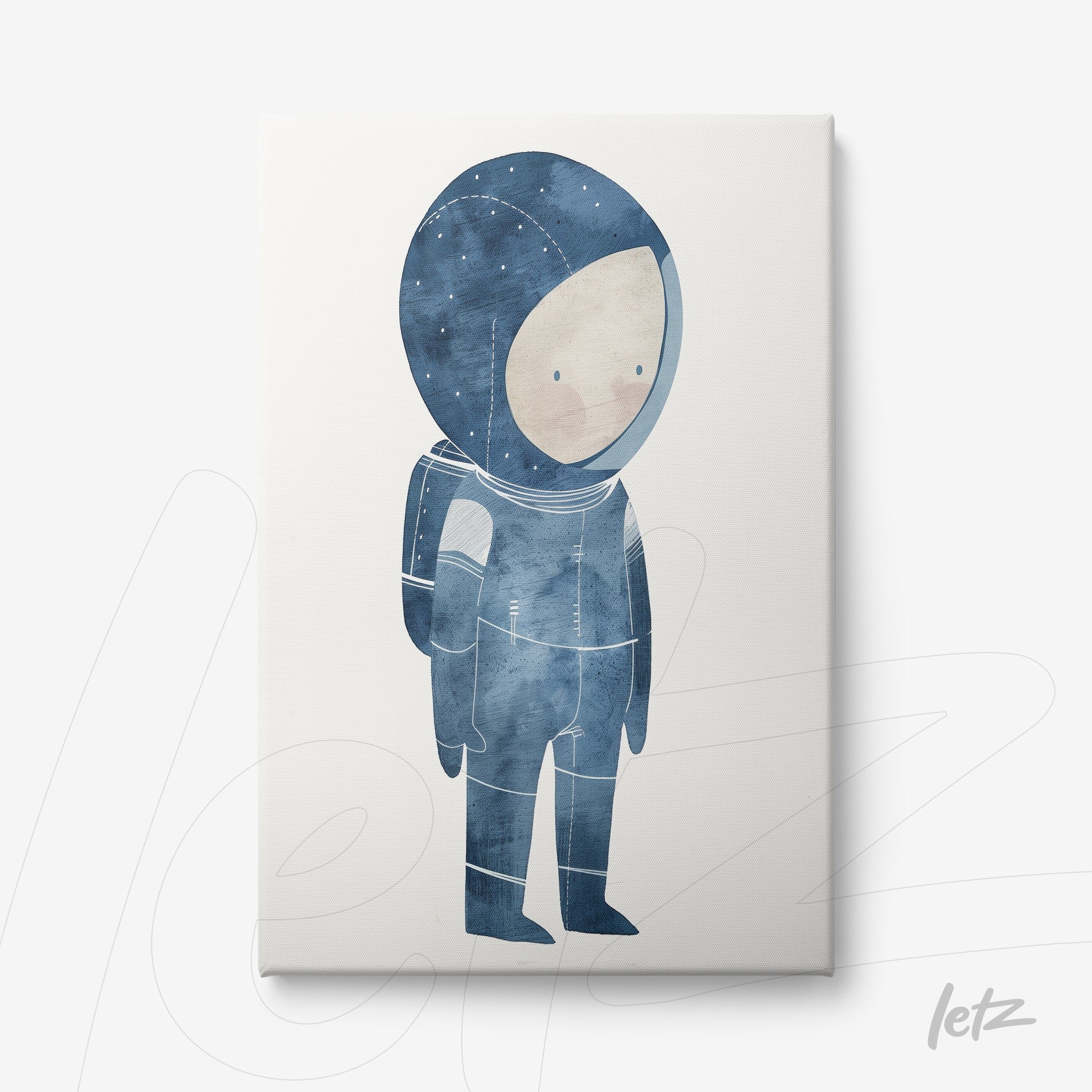 canvas print featuring a blue-toned astronaut illustration on a light background