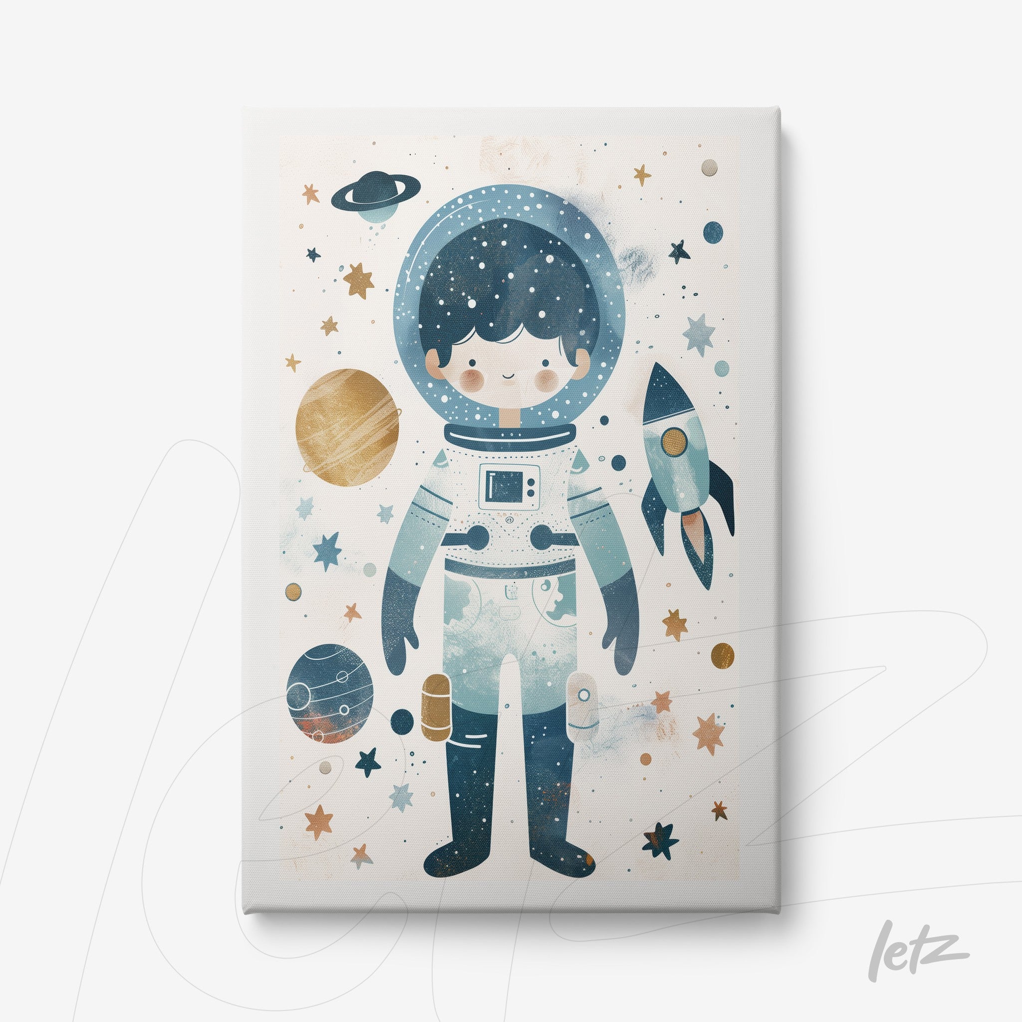 canvas art of a cute astronaut with a space background and planets in soft colors