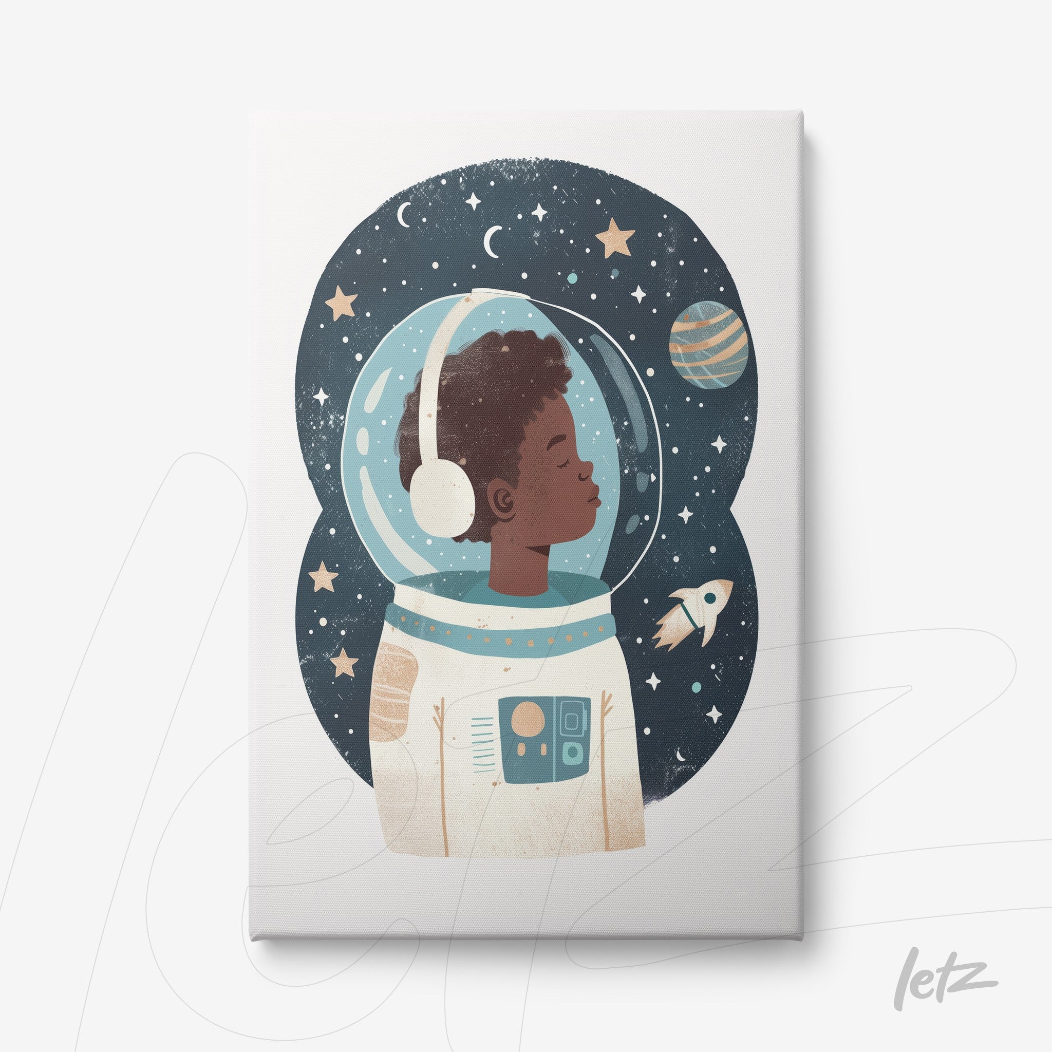 canvas print featuring an illustration of a young astronaut boy with a helmet, stars and planets in the background