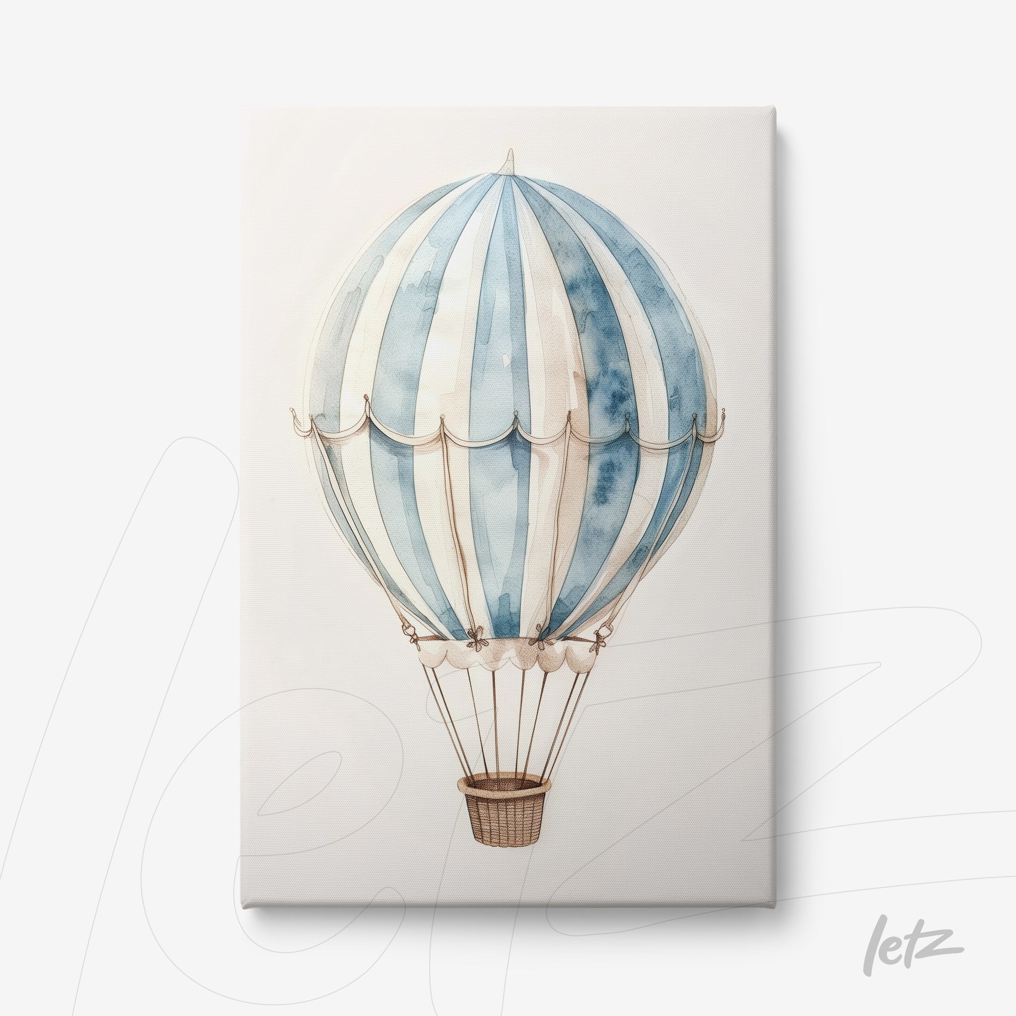 canvas print featuring a hot air balloon illustration in blue and white shades