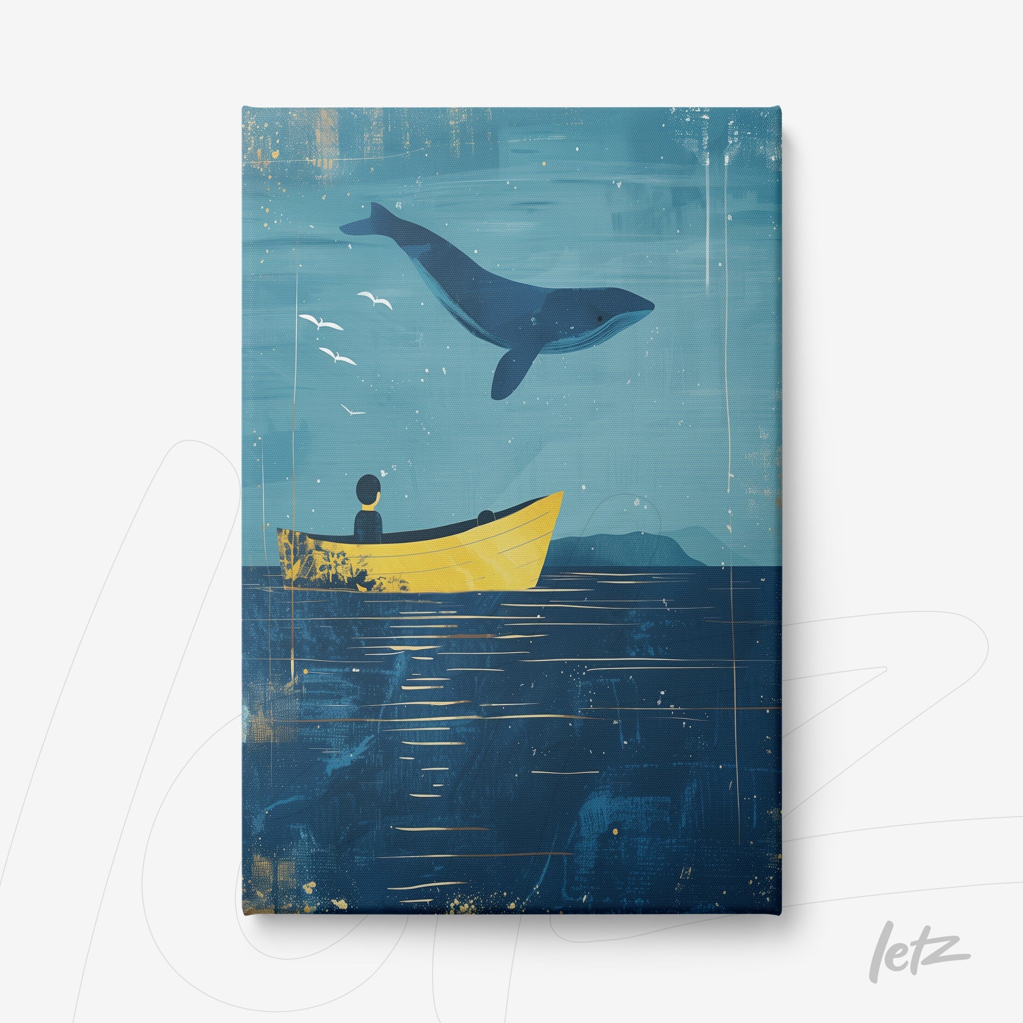canvas art featuring a boy in a yellow boat watching a whale leaping in a blue background