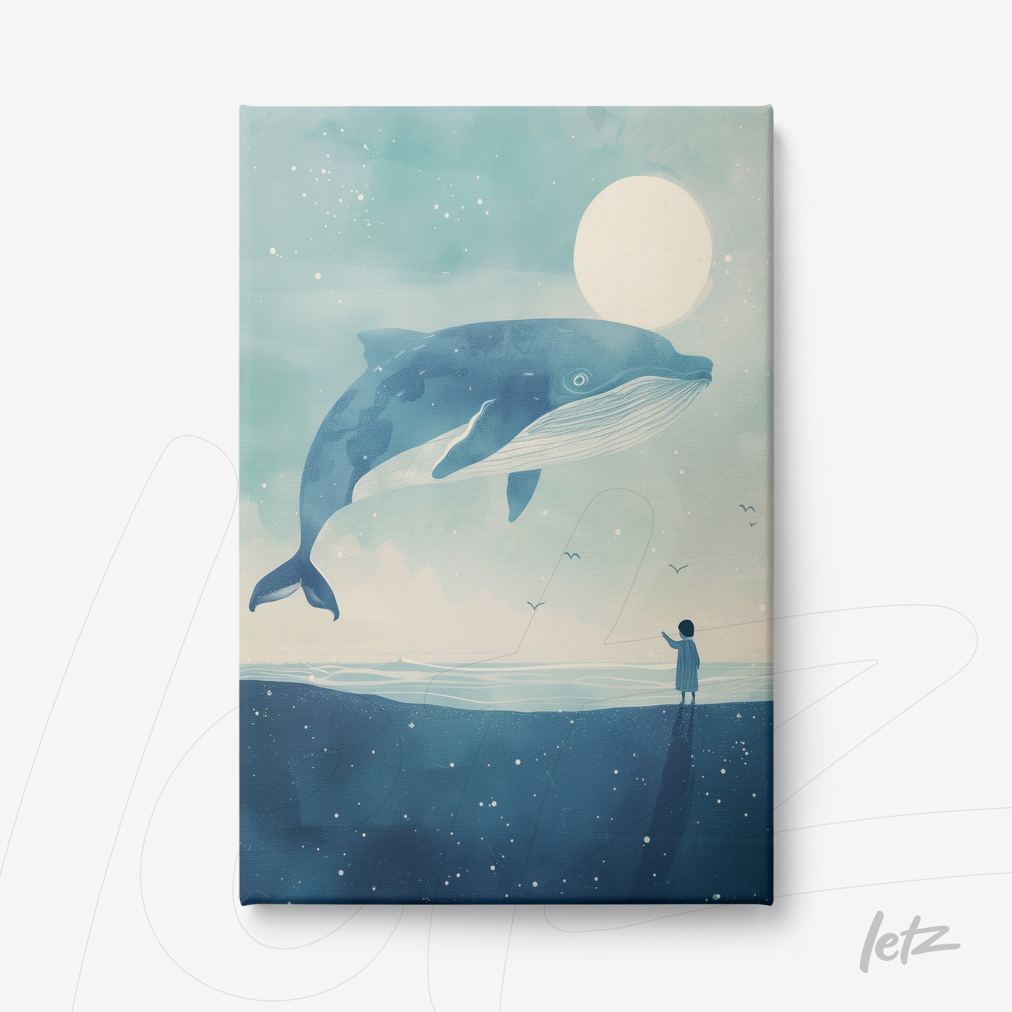 canvas art featuring a majestic whale floating under a blue sky, with a human figure gazing on the horizon