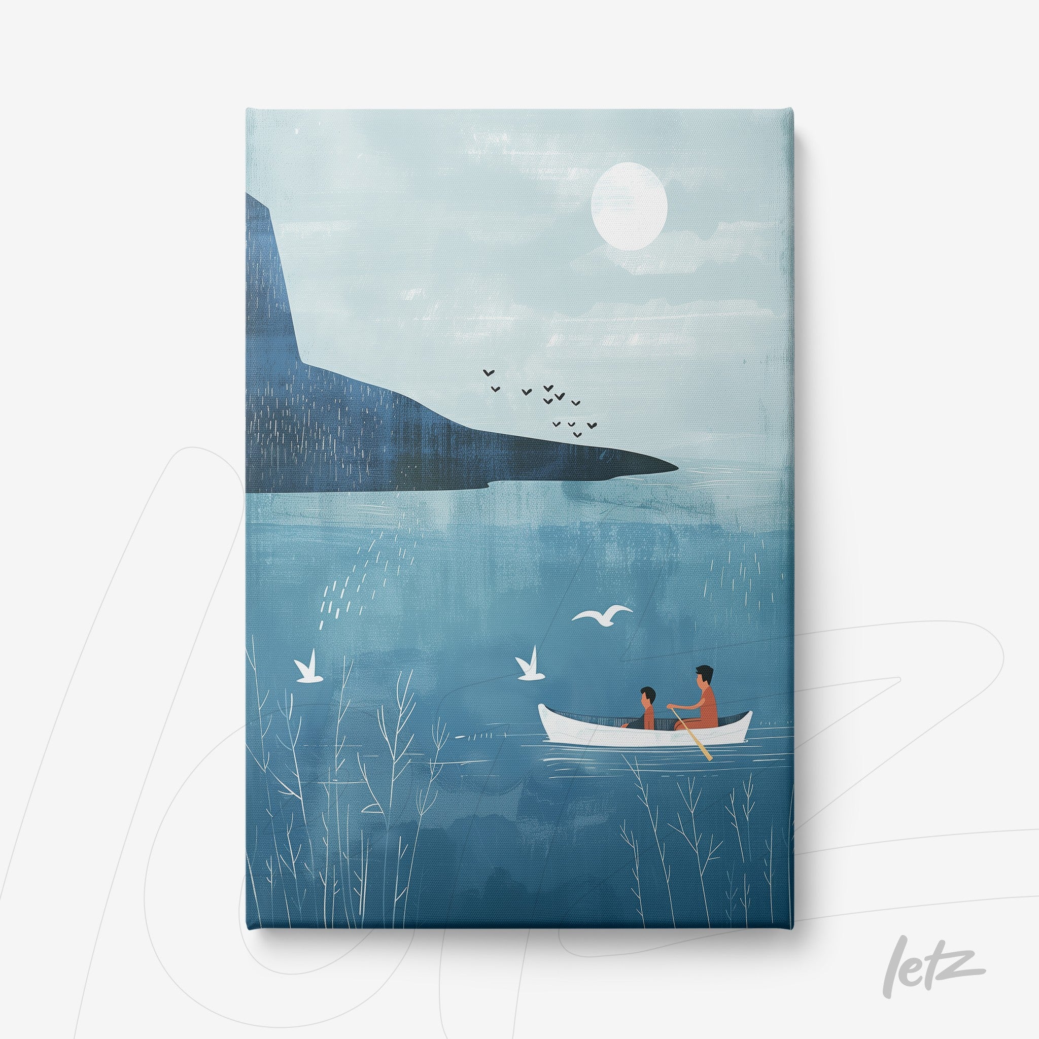 canvas artwork depicting a couple in a boat on a serene lake with mountains in the background and a blue sky