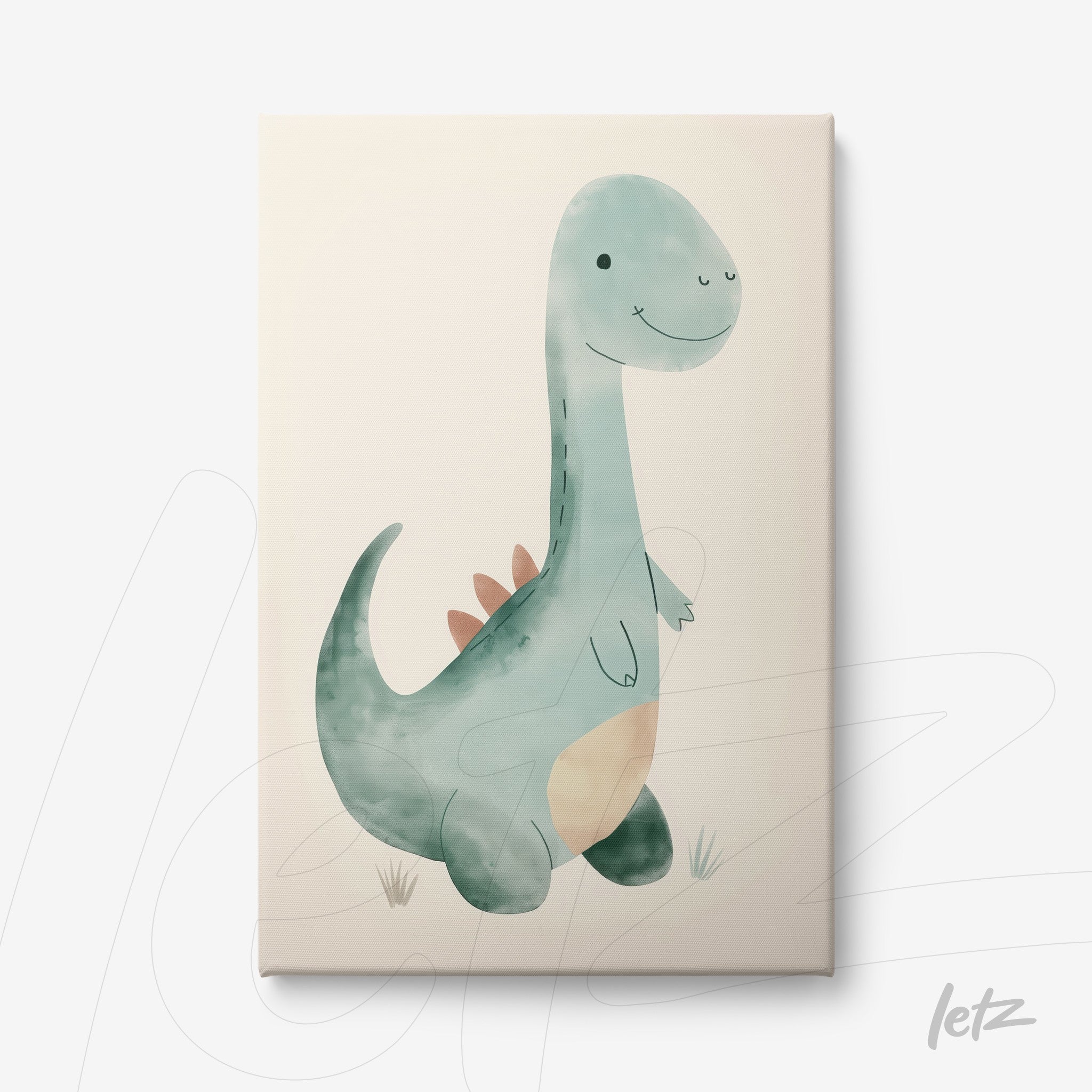 canvas print featuring a friendly dinosaur illustration in shades of green on a light background