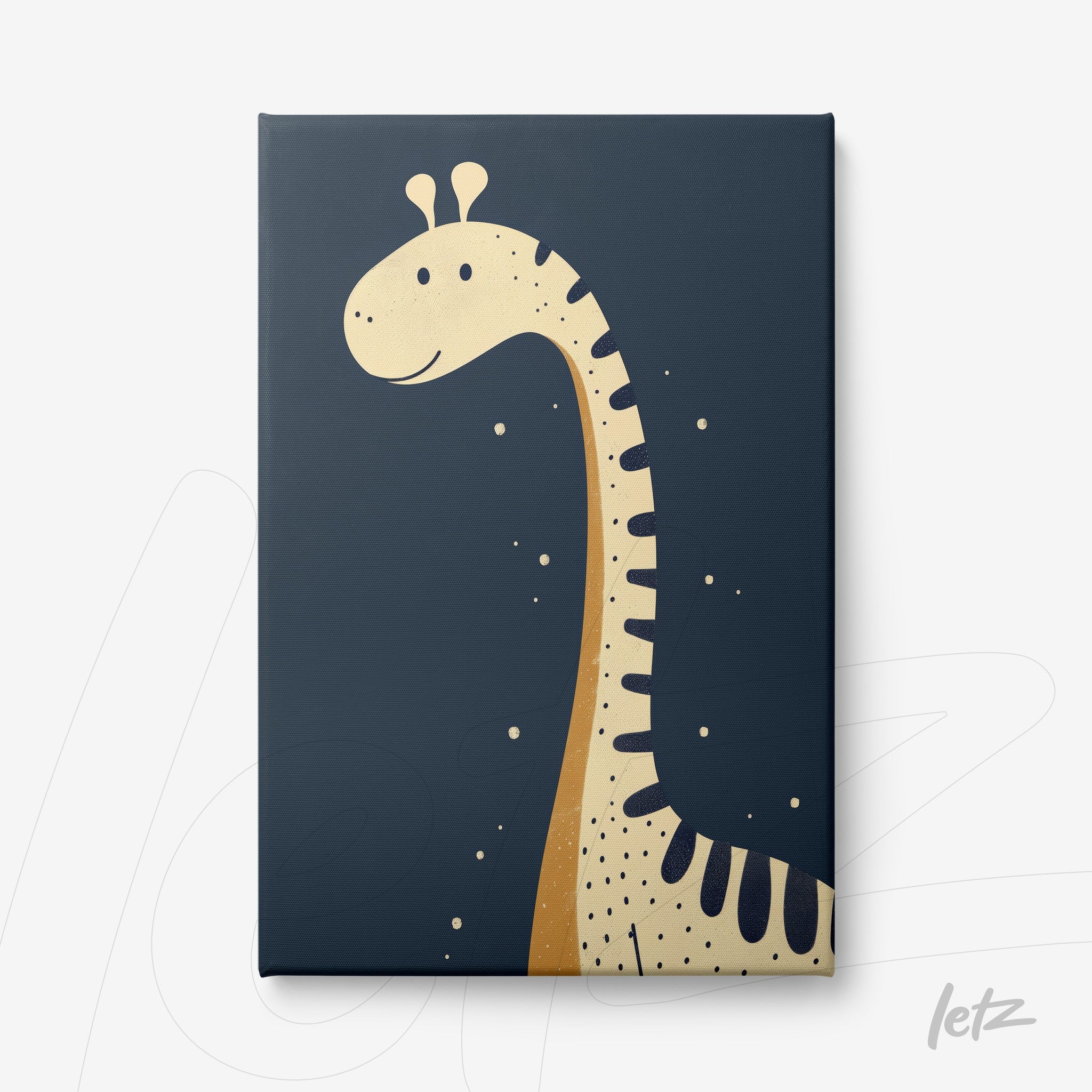 canvas art featuring a playful giraffe illustration on a dark blue background