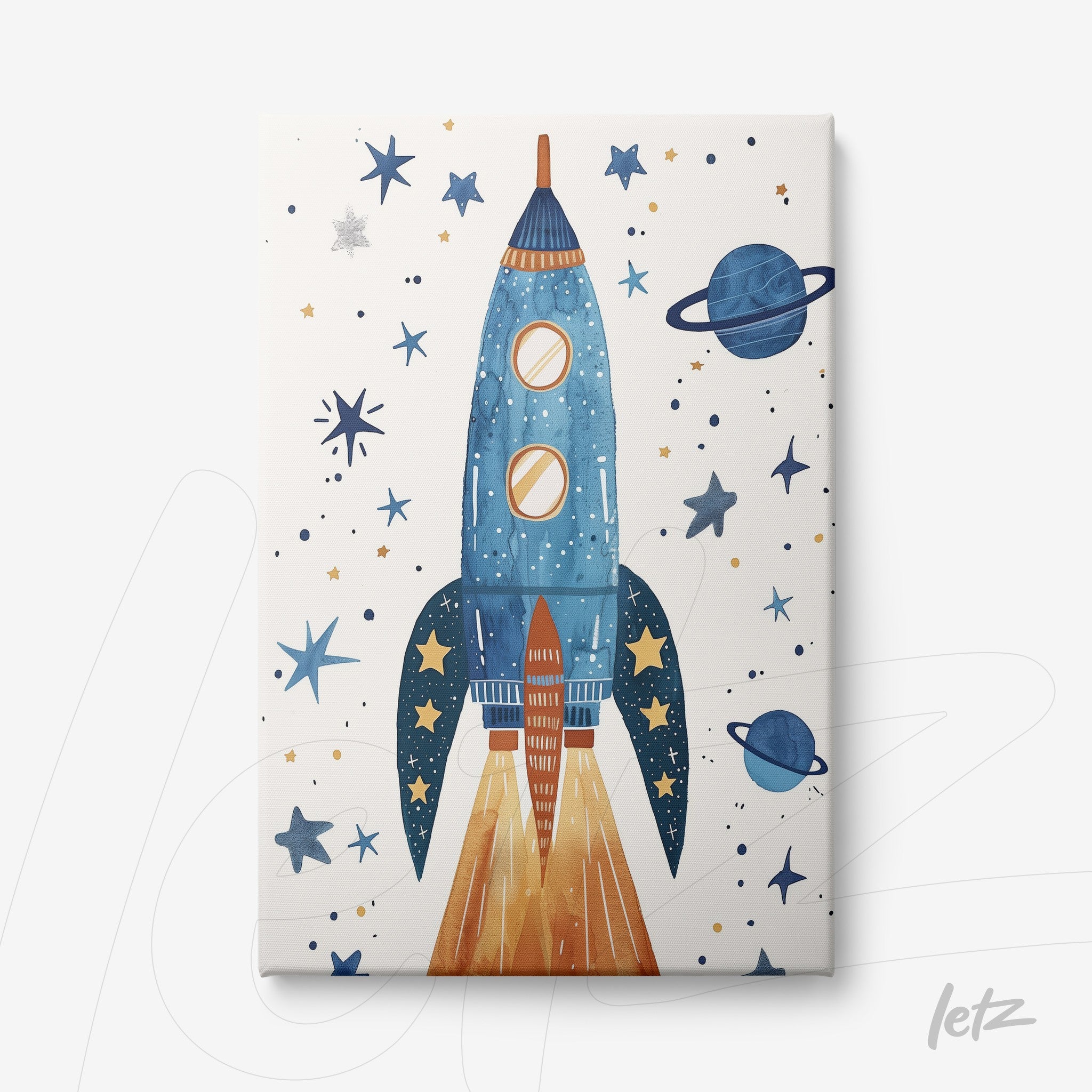 canvas print featuring a blue rocket illustration against a starry space background with planets