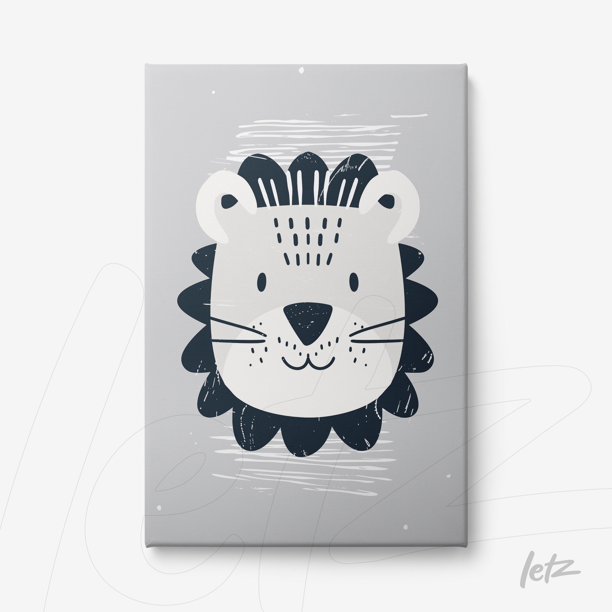 canvas art featuring a minimalist lion illustration on gray background