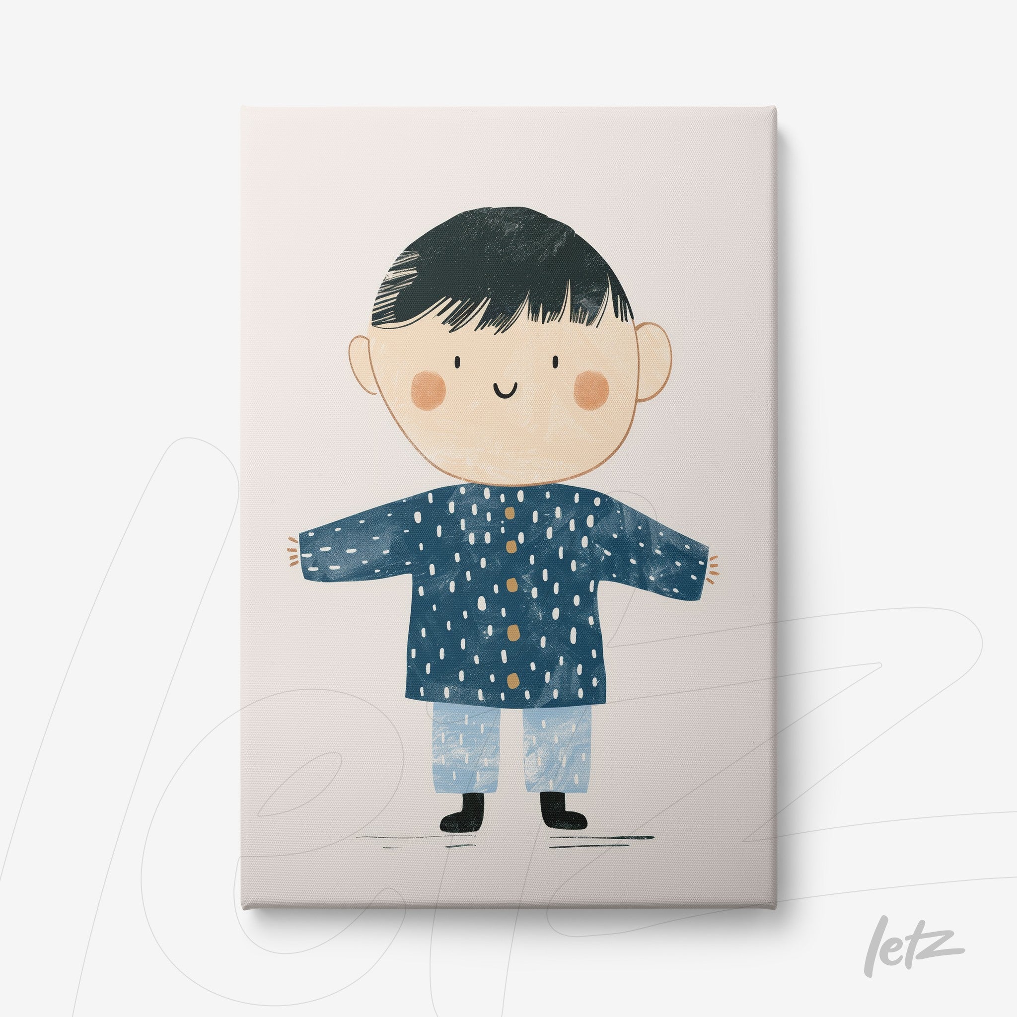 canvas art featuring a child with dark hair in a blue coat and light pants against a pink background