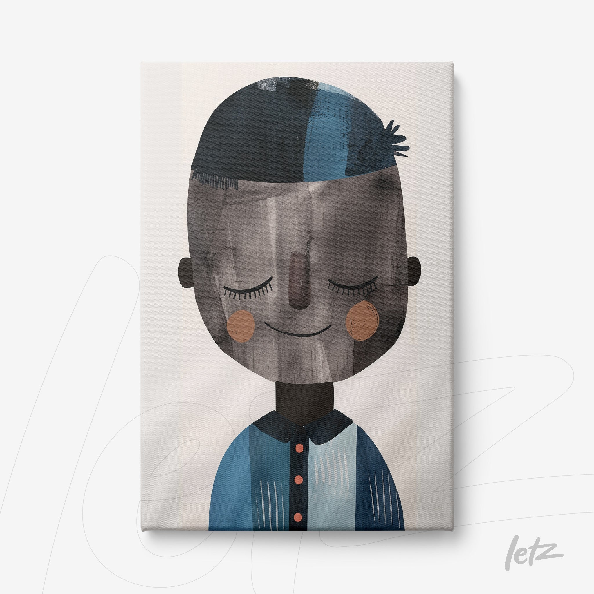 canvas art featuring a smiling character illustration with geometric shapes in gray and blue tones