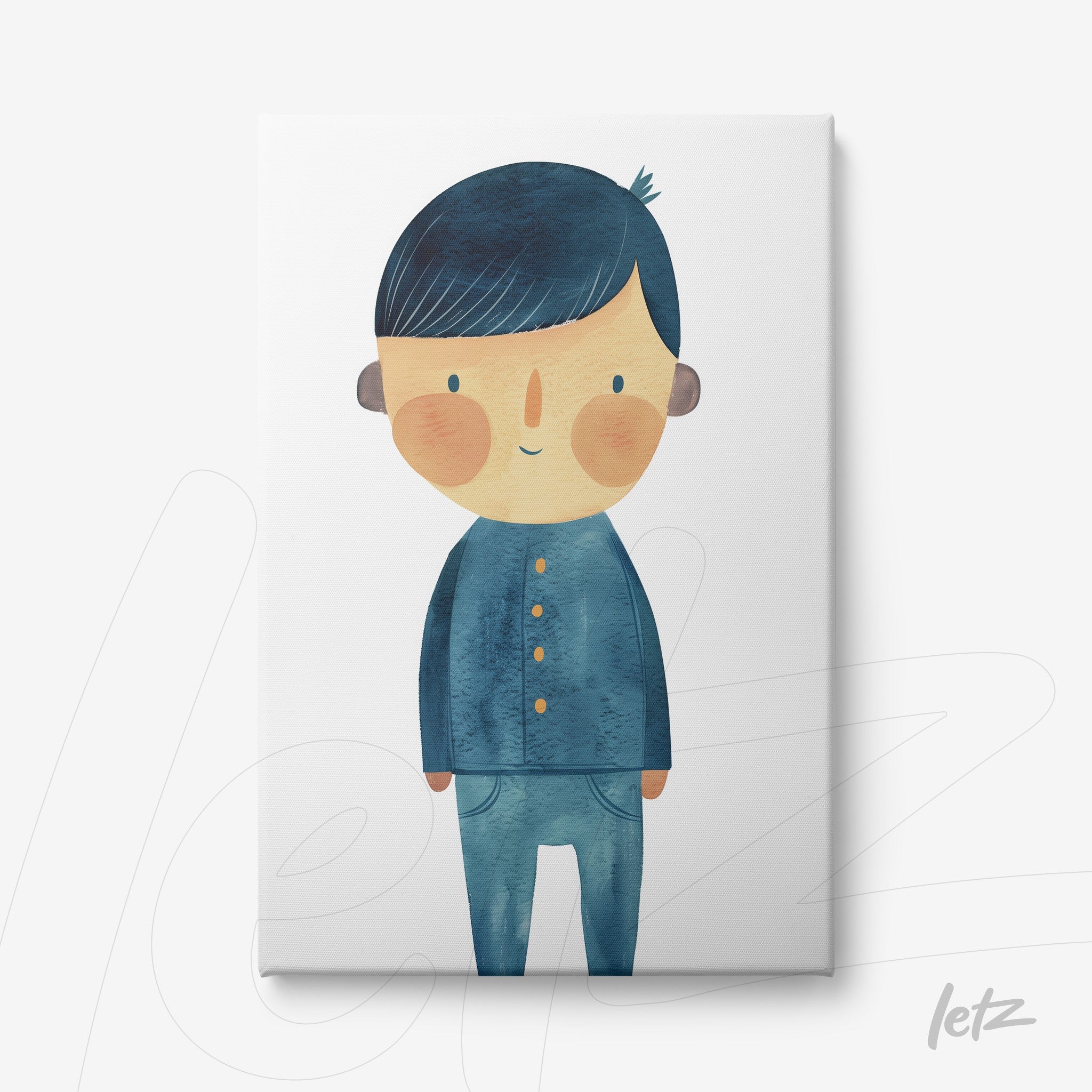digital art of a smiling boy in blue shirt and pants on white background