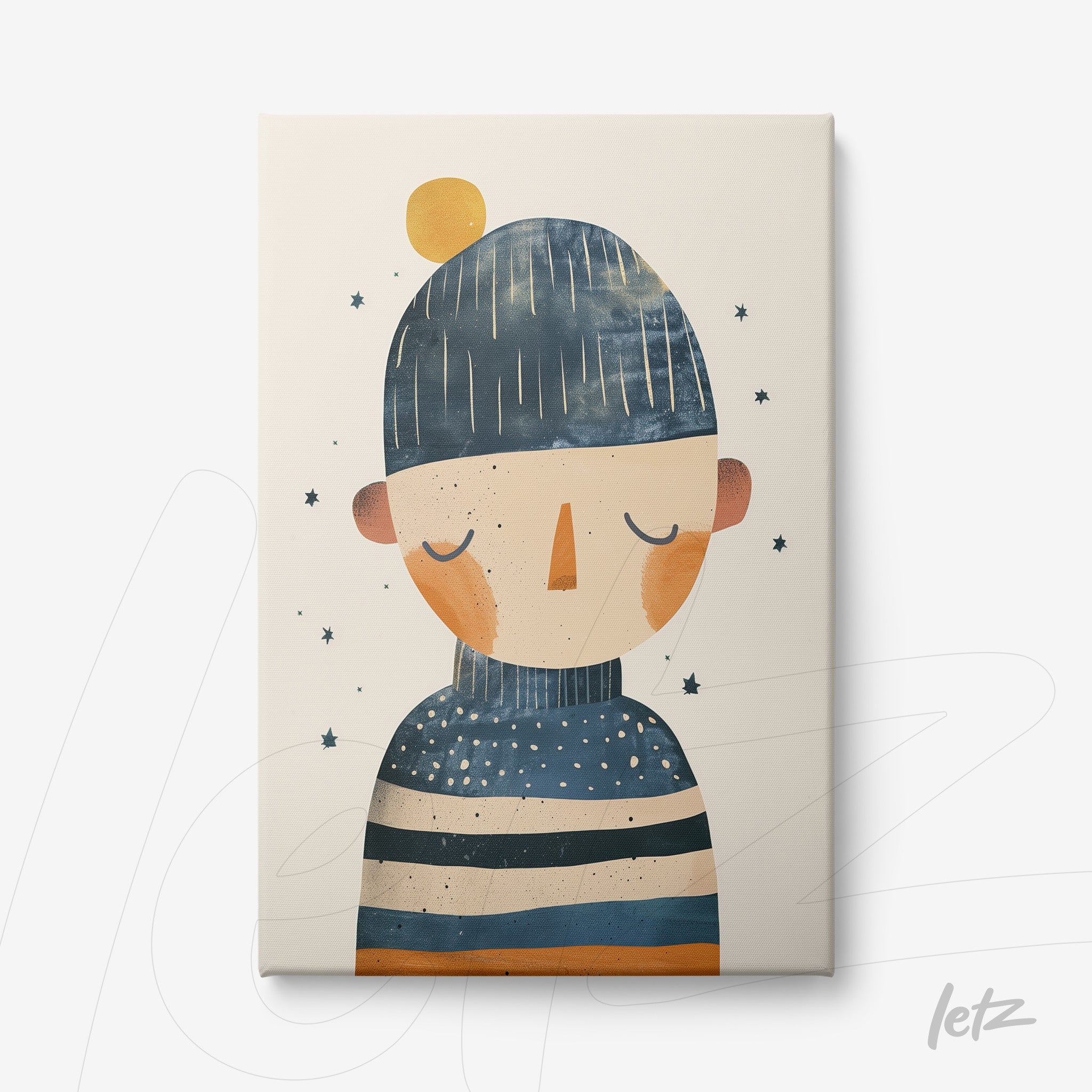 canvas art of a boy wearing a blue beanie and striped shirt in shades of blue, orange, and white against a light background with stars