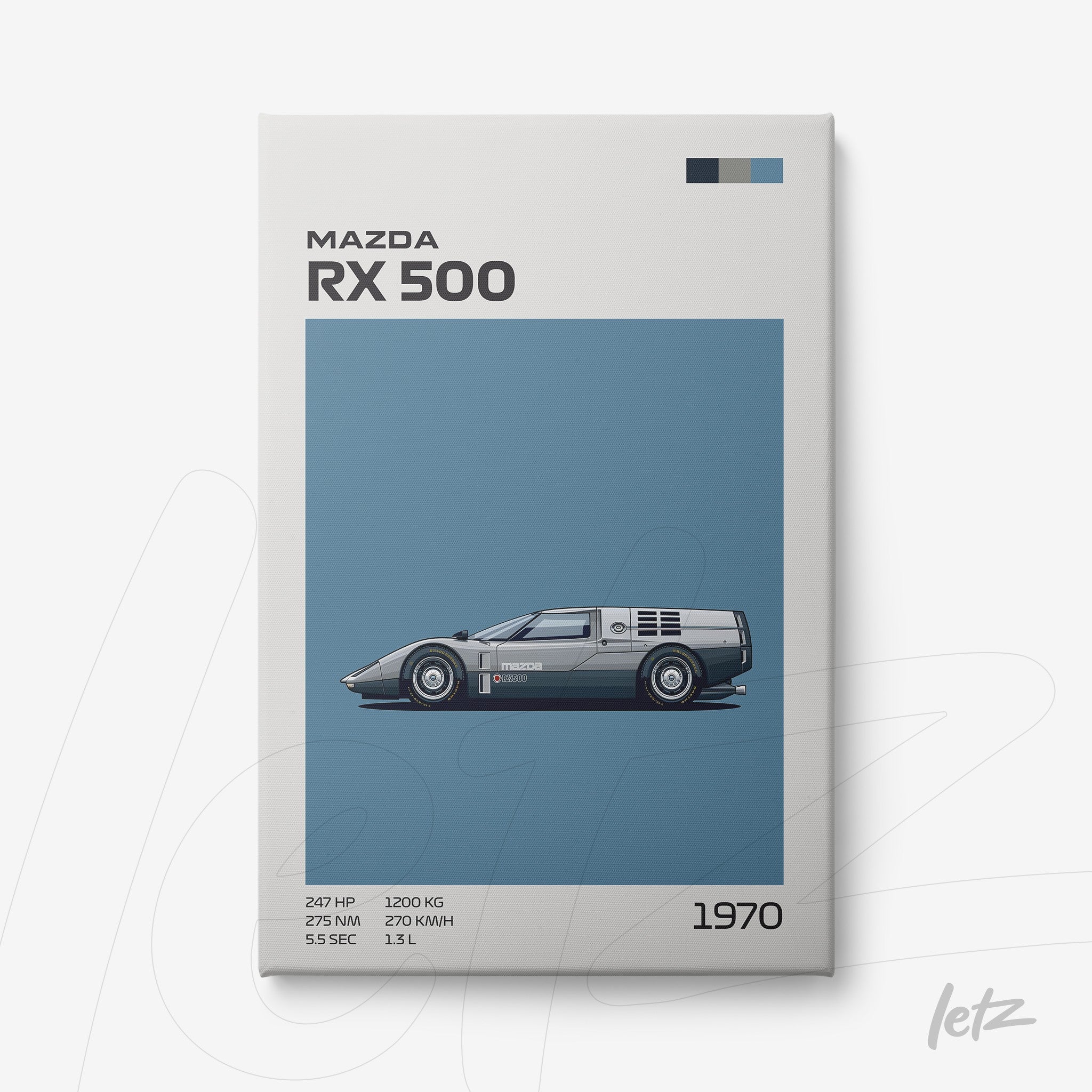 graphic illustration of Mazda RX 500 car on blue background highlighting details like horsepower, weight, and speed