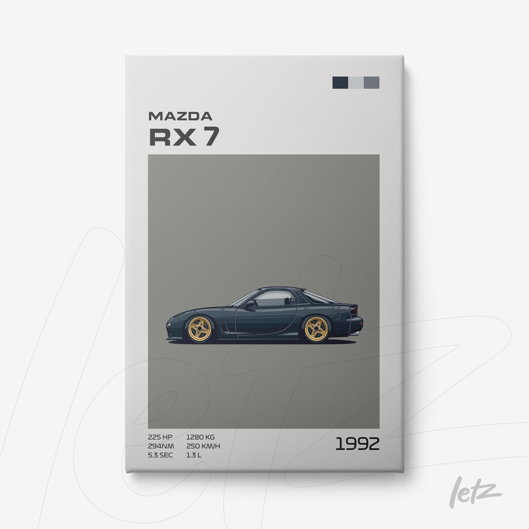 digital art print of a 1992 Mazda RX-7 against a gray background with a white frame