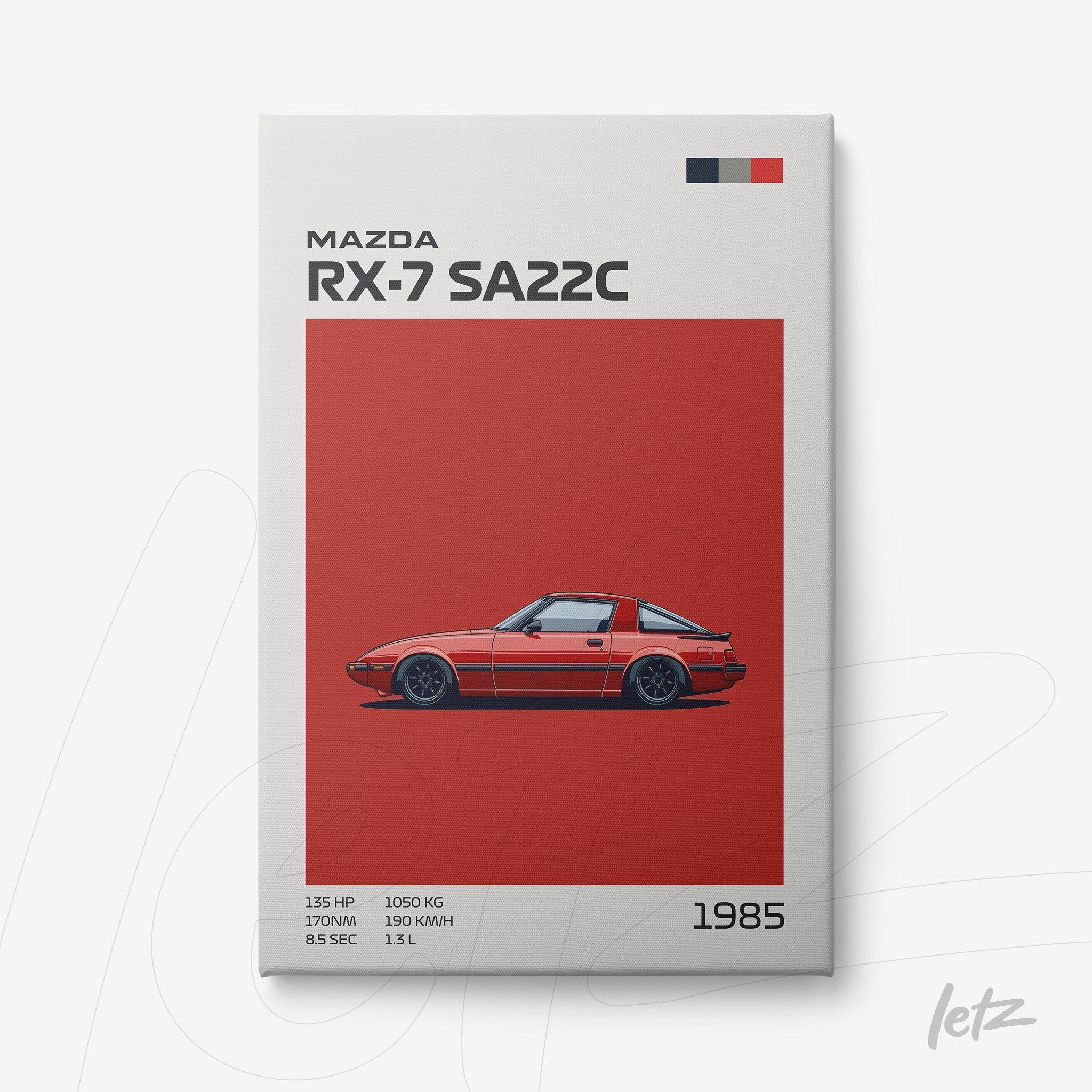 framed artwork featuring a stylized illustration of 1985 Mazda RX-7 SA22C against a solid red background