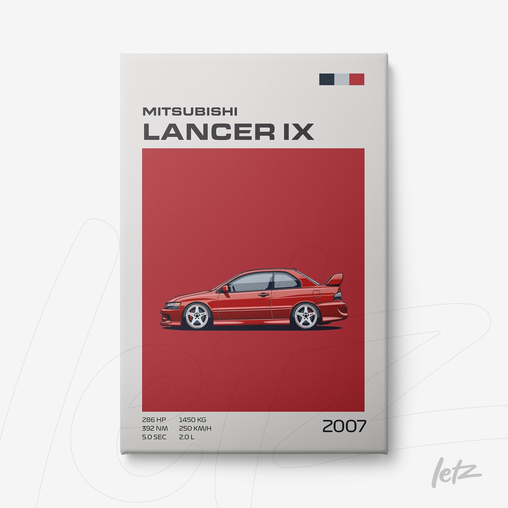 framed wall art featuring a graphic illustration of Mitsubishi Lancer IX on a red background with design elements