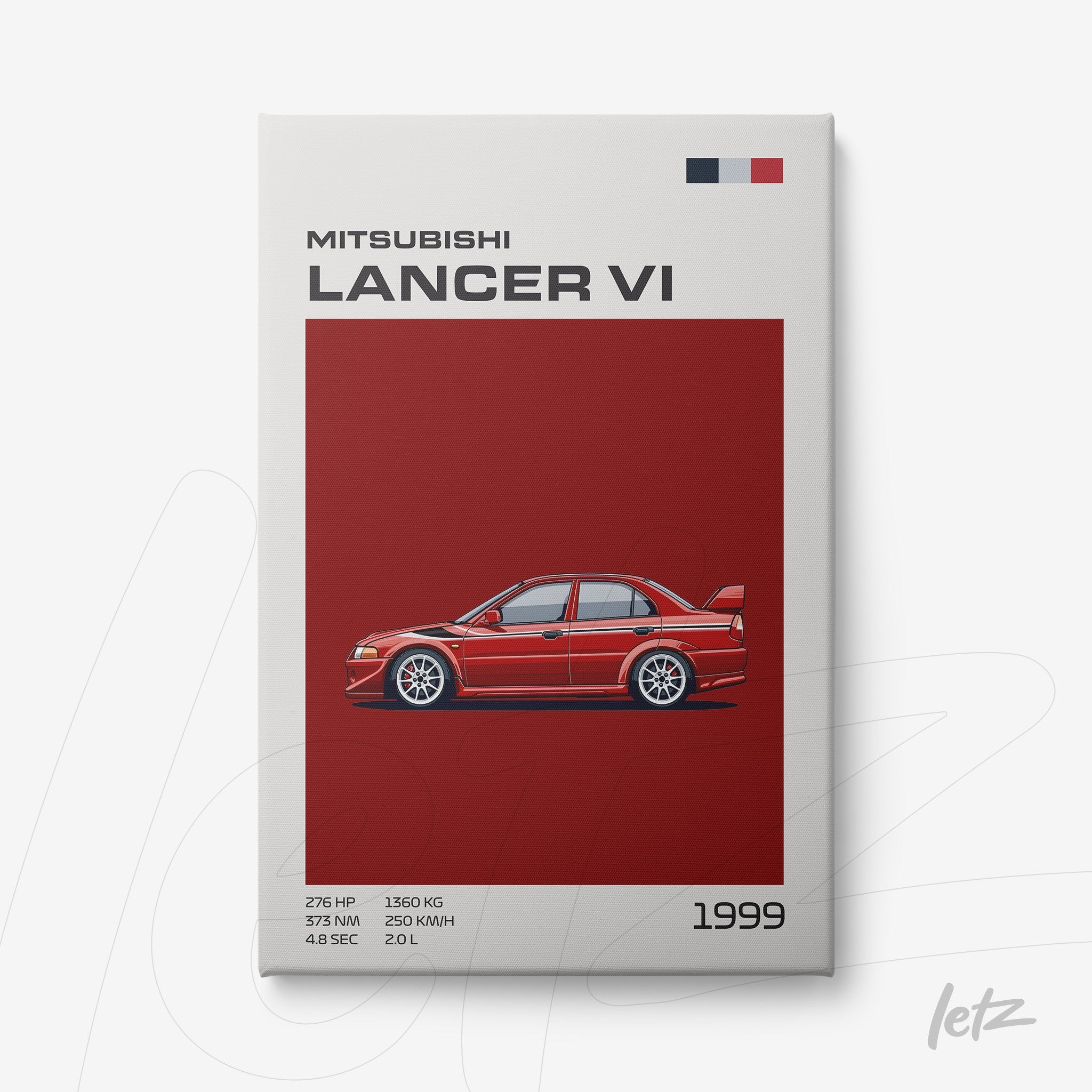 illustration of 1999 Mitsubishi Lancer VI on red background