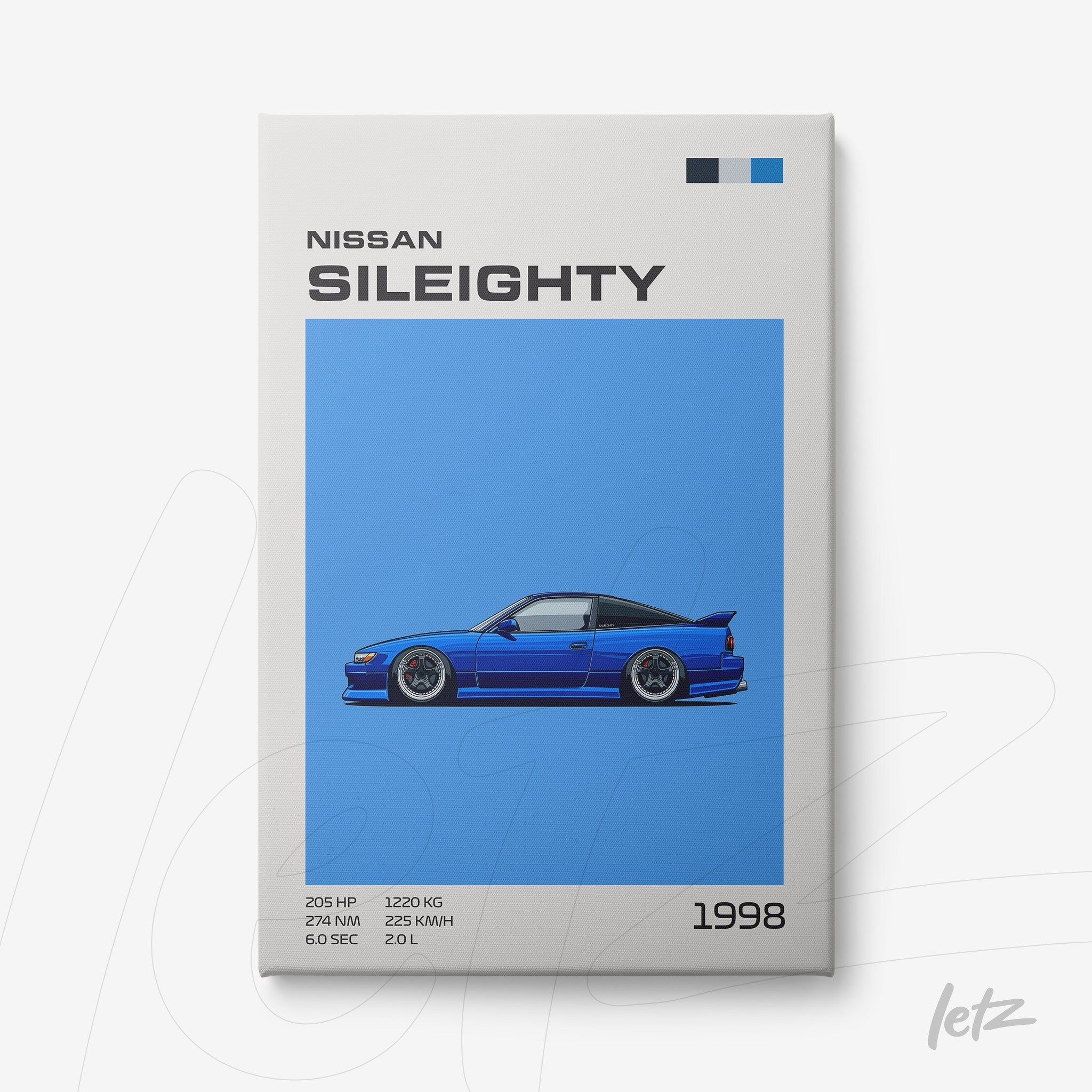 digital art print of the 1998 Nissan Sil80 against a vibrant blue background