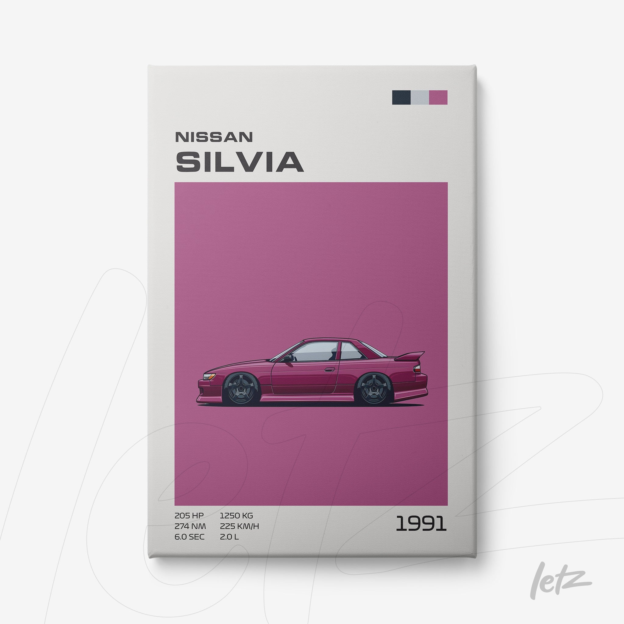 framed artwork of the 1991 Nissan Silvia with vibrant pink background