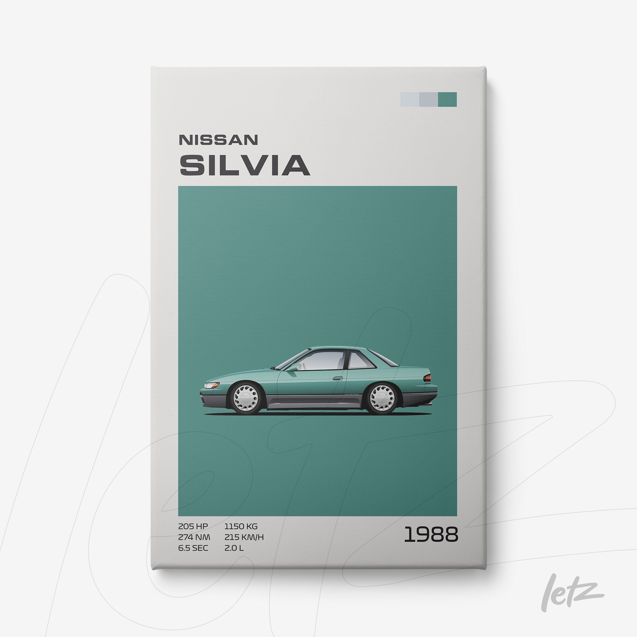 framed artwork featuring a minimalist illustration of a 1988 Nissan Silvia on a green background