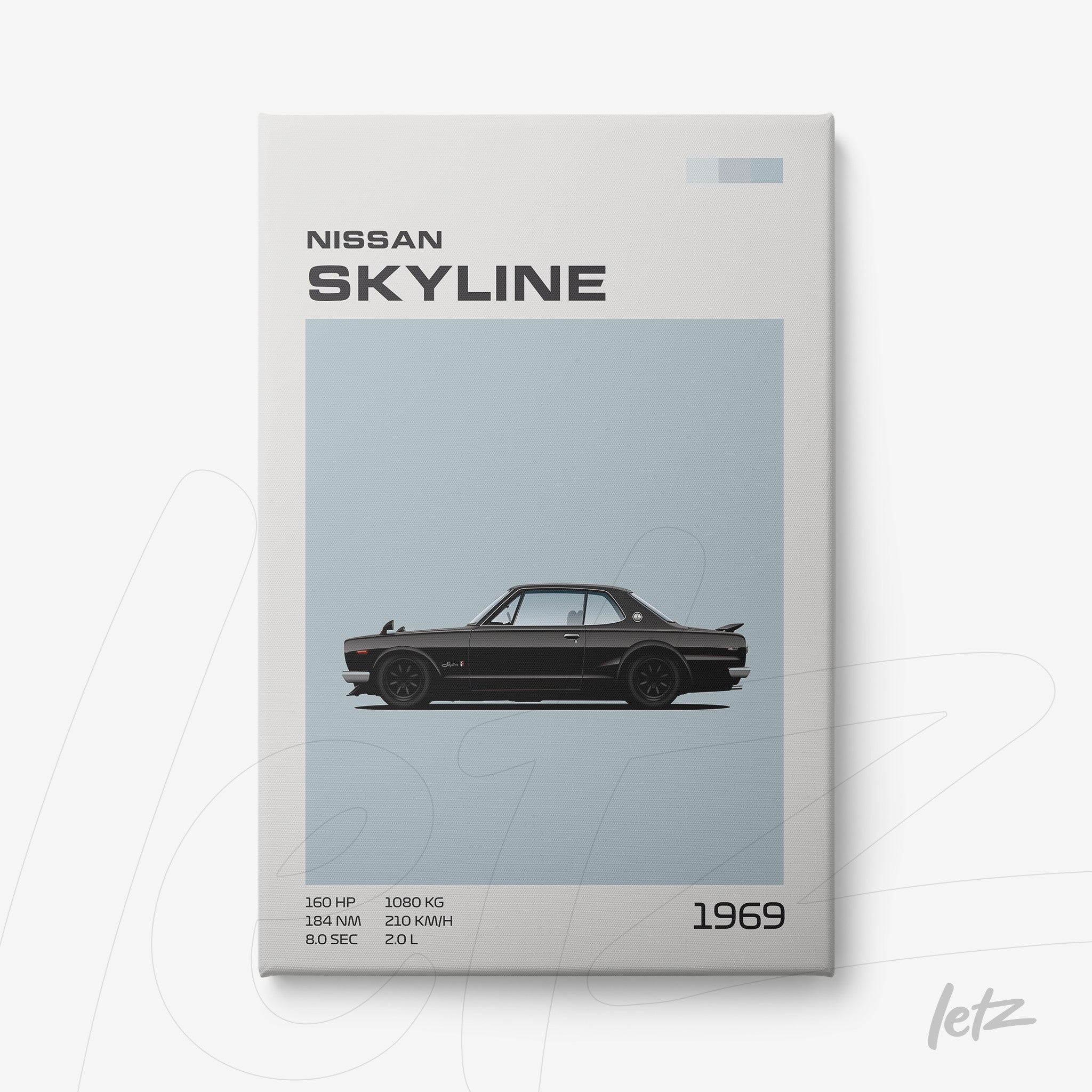 framed wall art featuring a 1969 Nissan Skyline illustration on a light blue background
