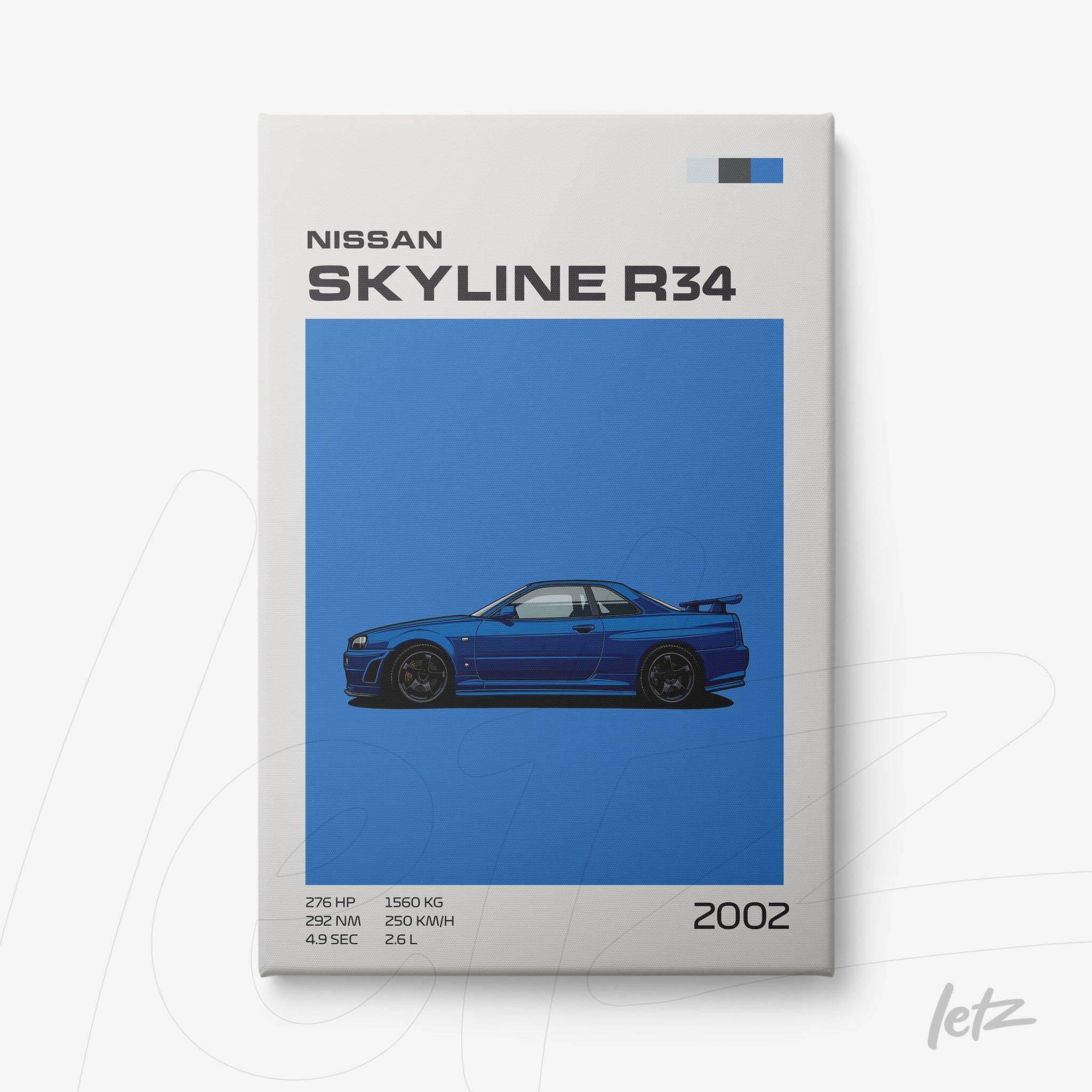 digital art print of Nissan Skyline R34 car on vibrant blue background