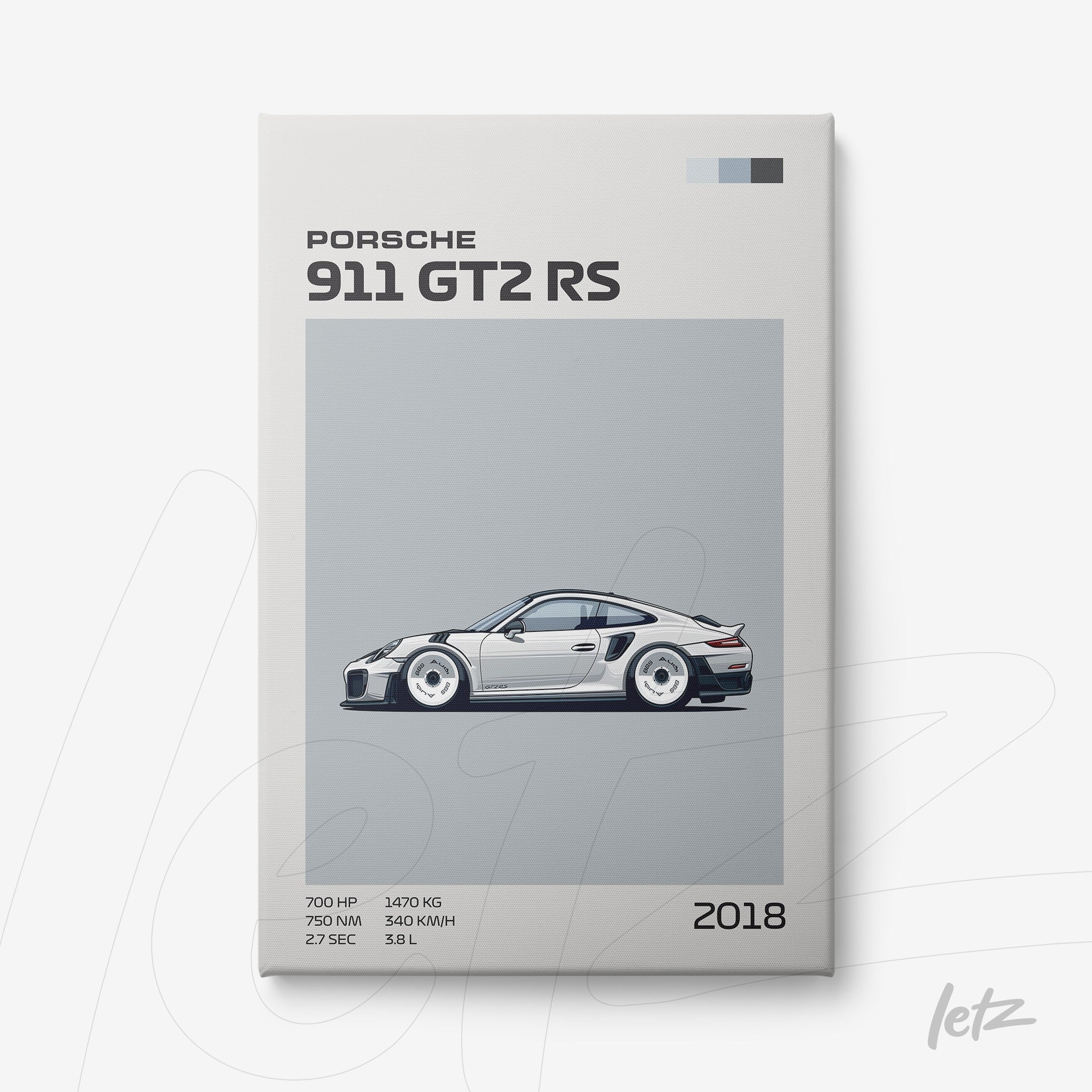 framed art featuring an illustration of a Porsche 911 GT2 RS sports car on a light gray background
