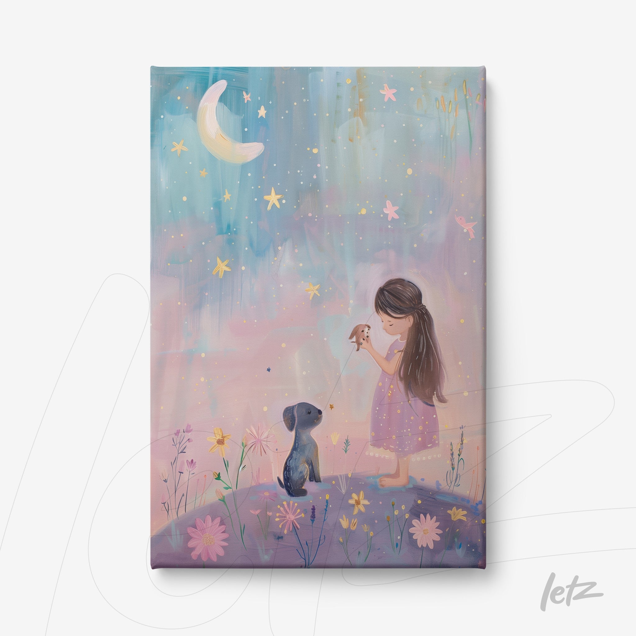 canvas art featuring a soft illustration of a girl in a lilac dress with a dog under a starry sky with a crescent moon and colorful flowers