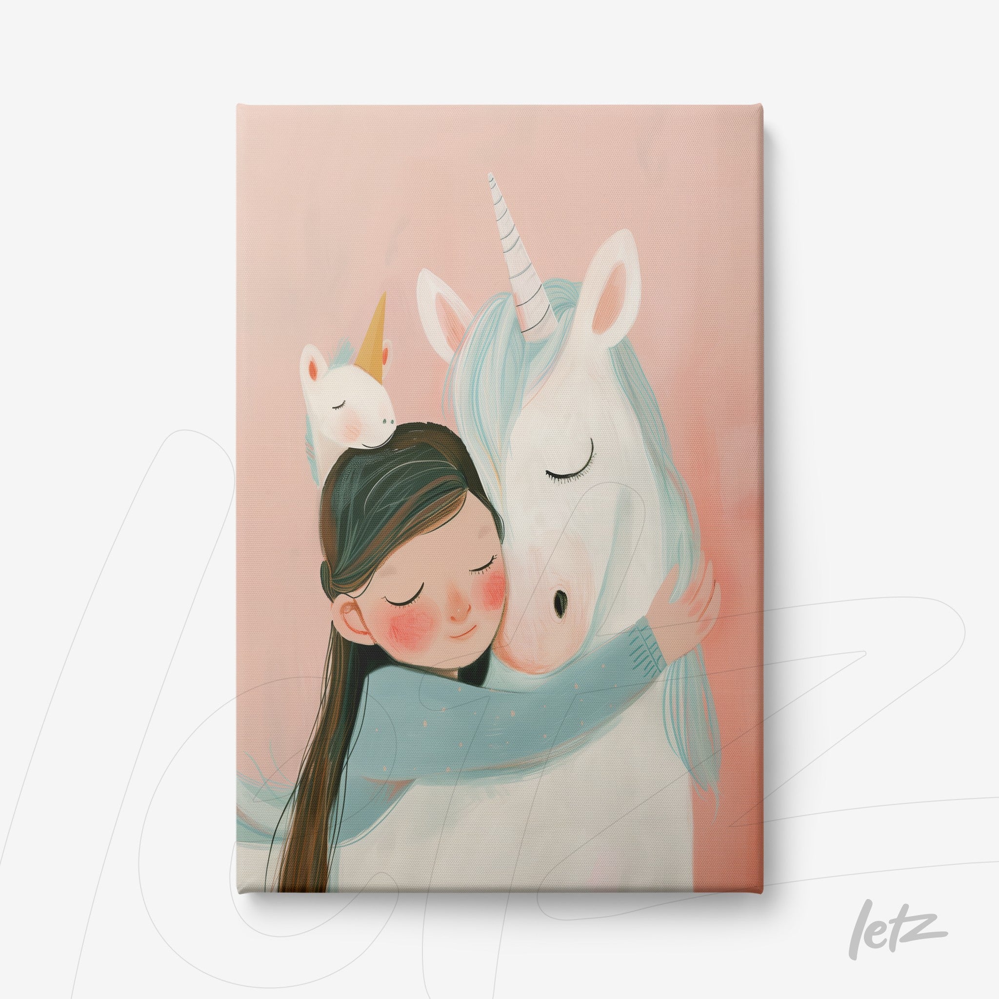 canvas artwork of a girl hugging a unicorn with a soft pink background