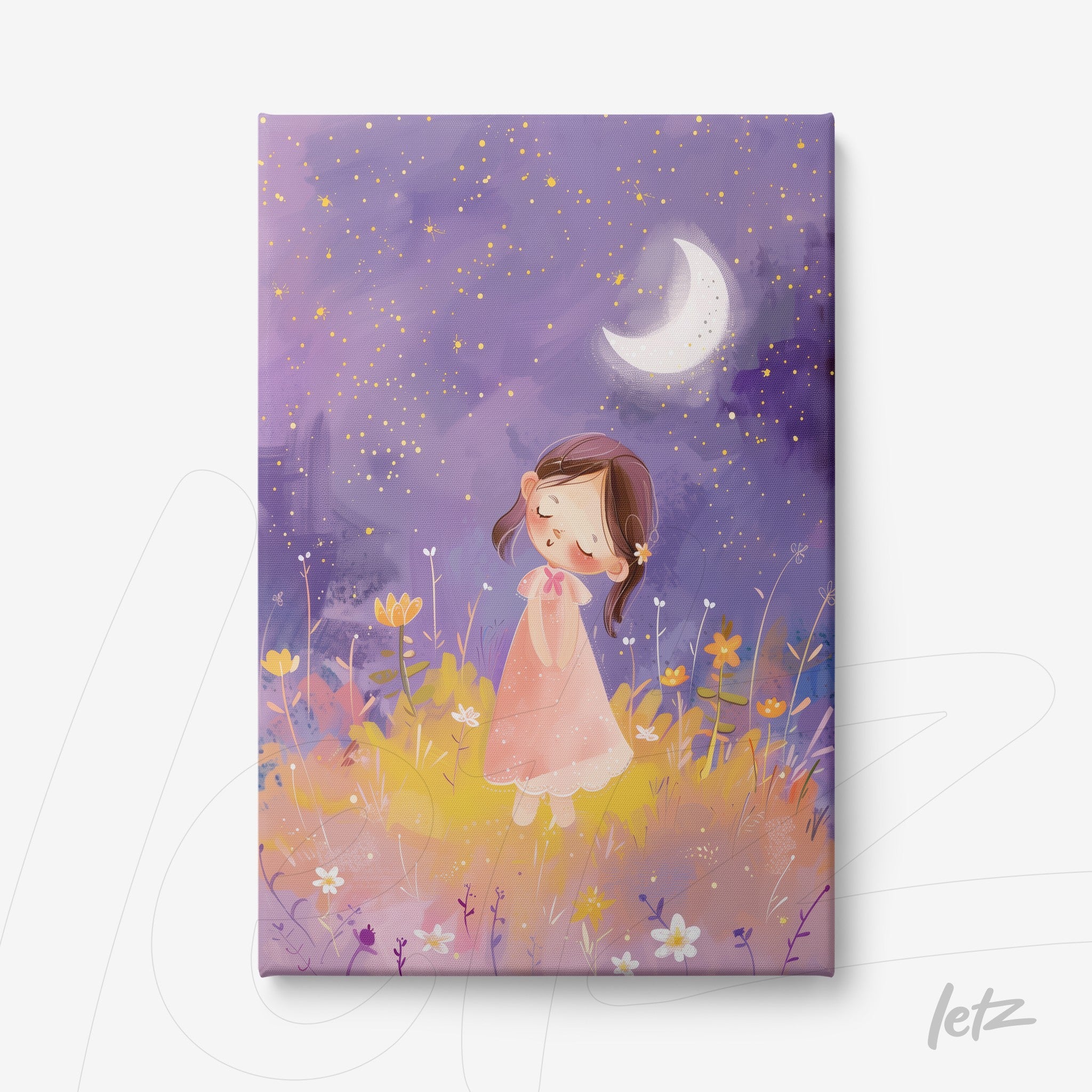 canvas artwork featuring a gentle illustration of a girl in a pink dress among flowers under a starry sky with a crescent moon