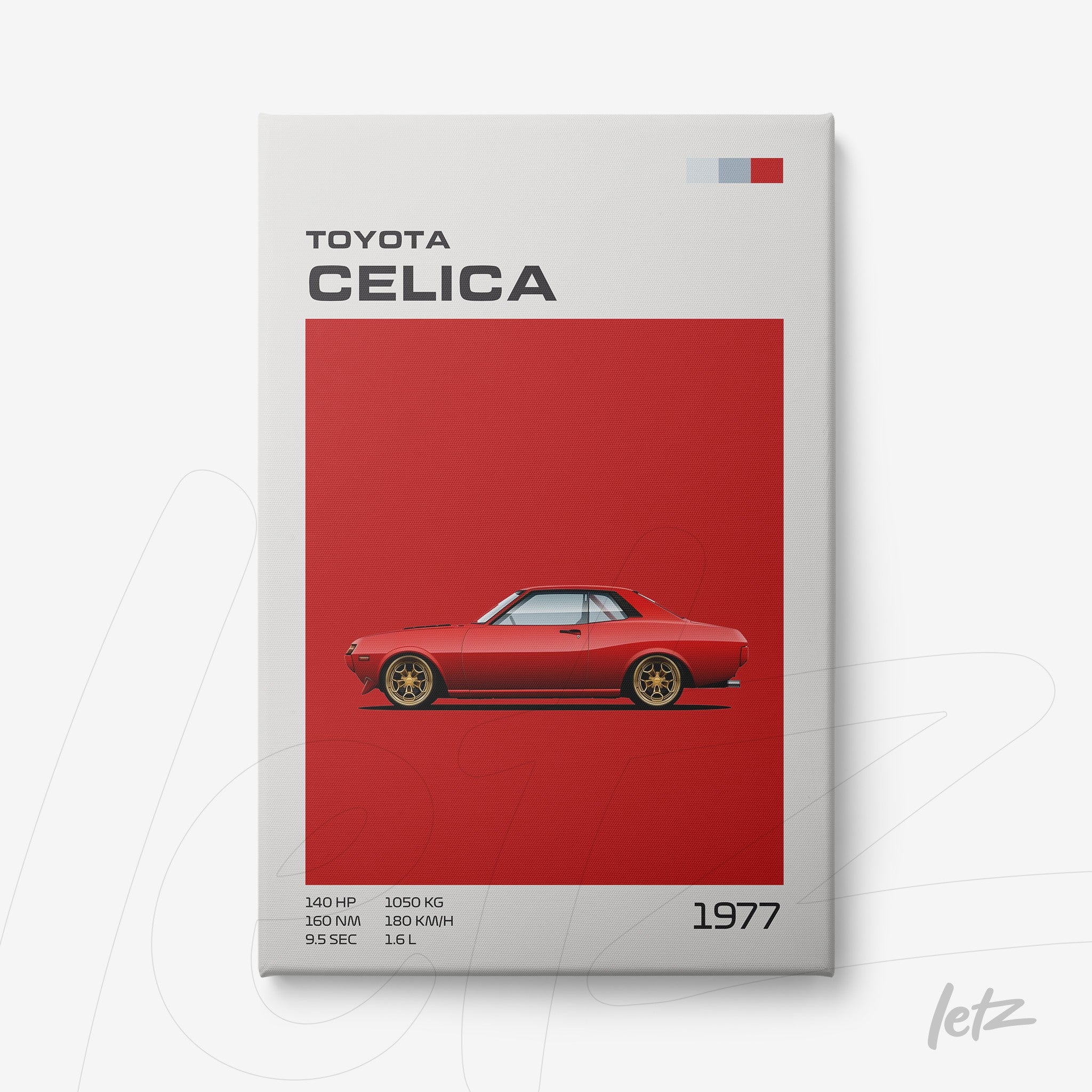 framed poster featuring minimalist illustration of 1977 Toyota Celica on red background