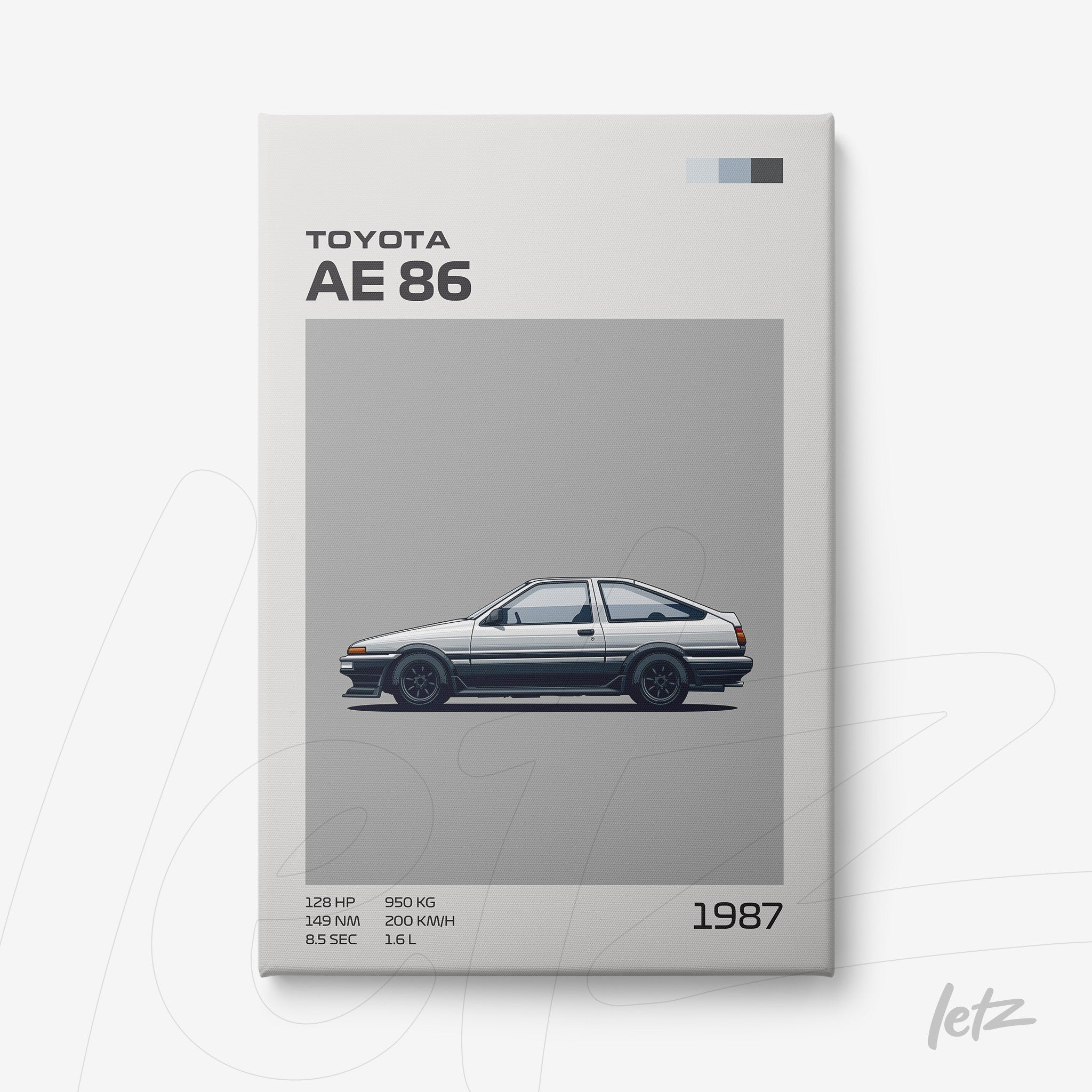 minimalist wall art of Toyota AE 86 car illustration on gray background