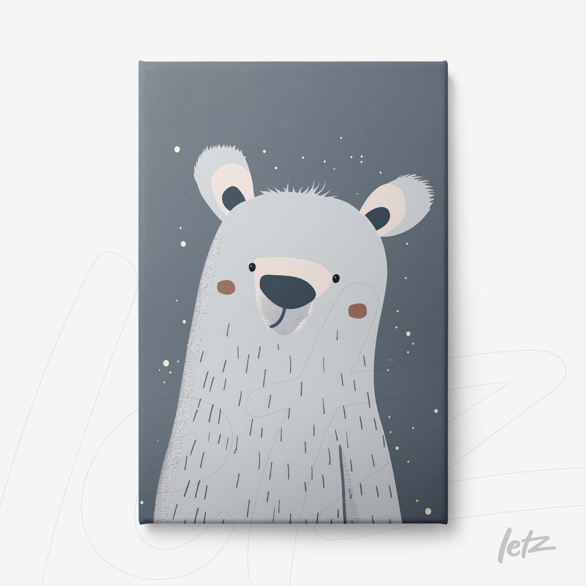 canvas print featuring polar bear illustration on a grey-blue background with white accents