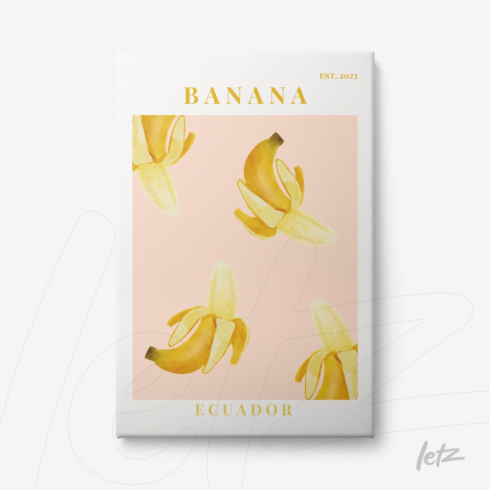 wall art featuring bananas against a pink background with 'BANANA' and 'ECUADOR' text