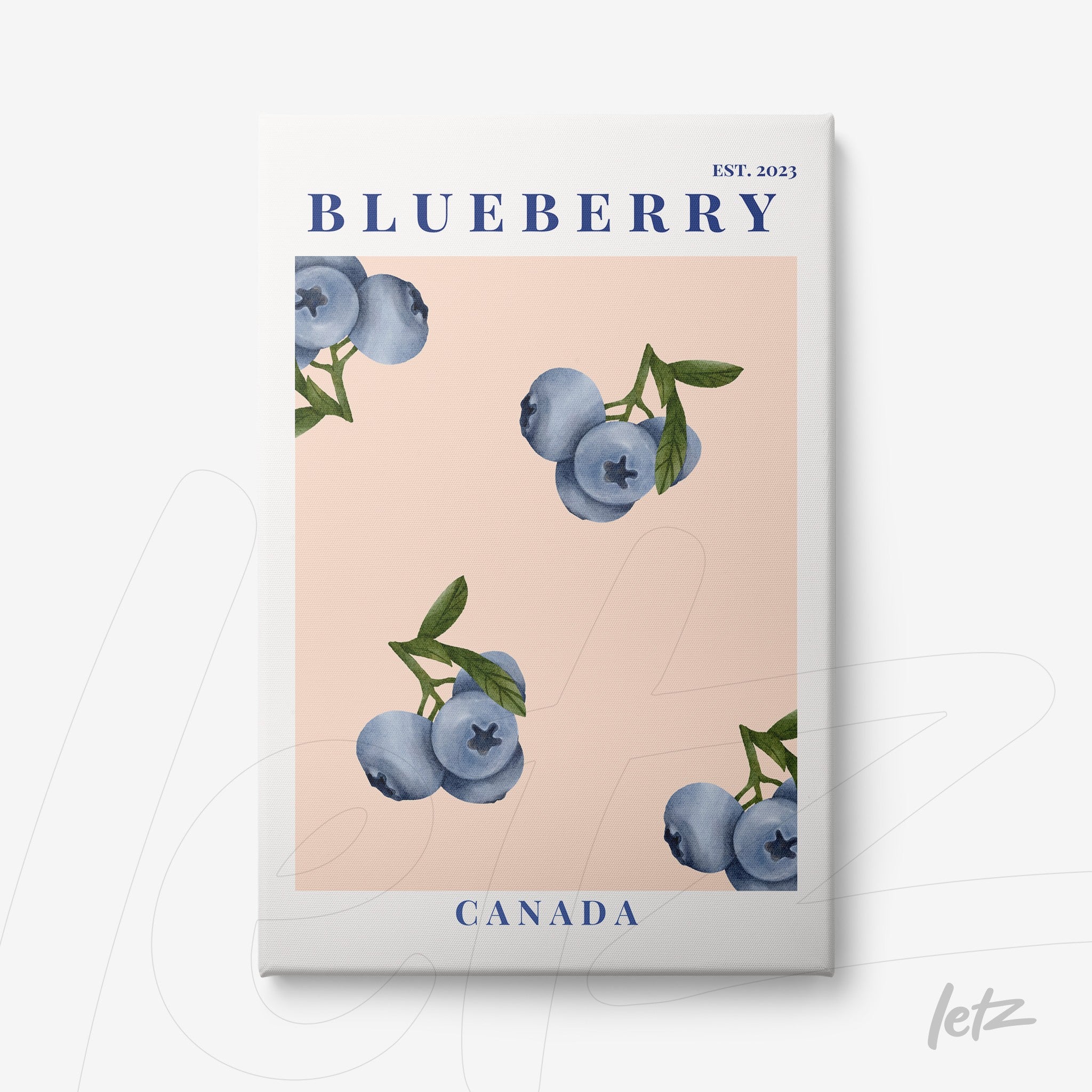 framed wall art featuring blueberries on a pink background with blue text stating 'BLUEBERRY' and 'CANADA'